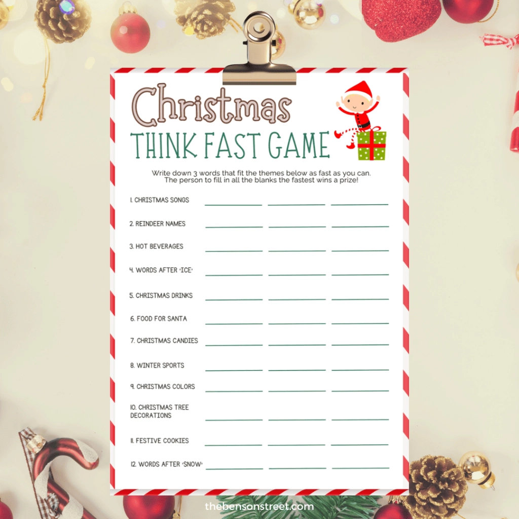 Printable Christmas Think Fast Game A Free Holiday Game