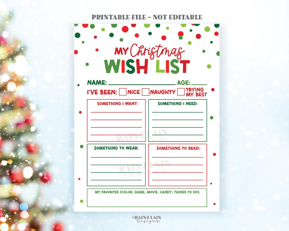 Printable Christmas Wish List For Kids Santa Wish List Holidays Wish Rainy Lain Designs LLC