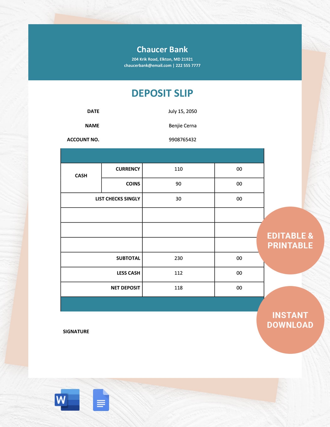 Printable Deposit Slip Template In Word Google Docs Download Template