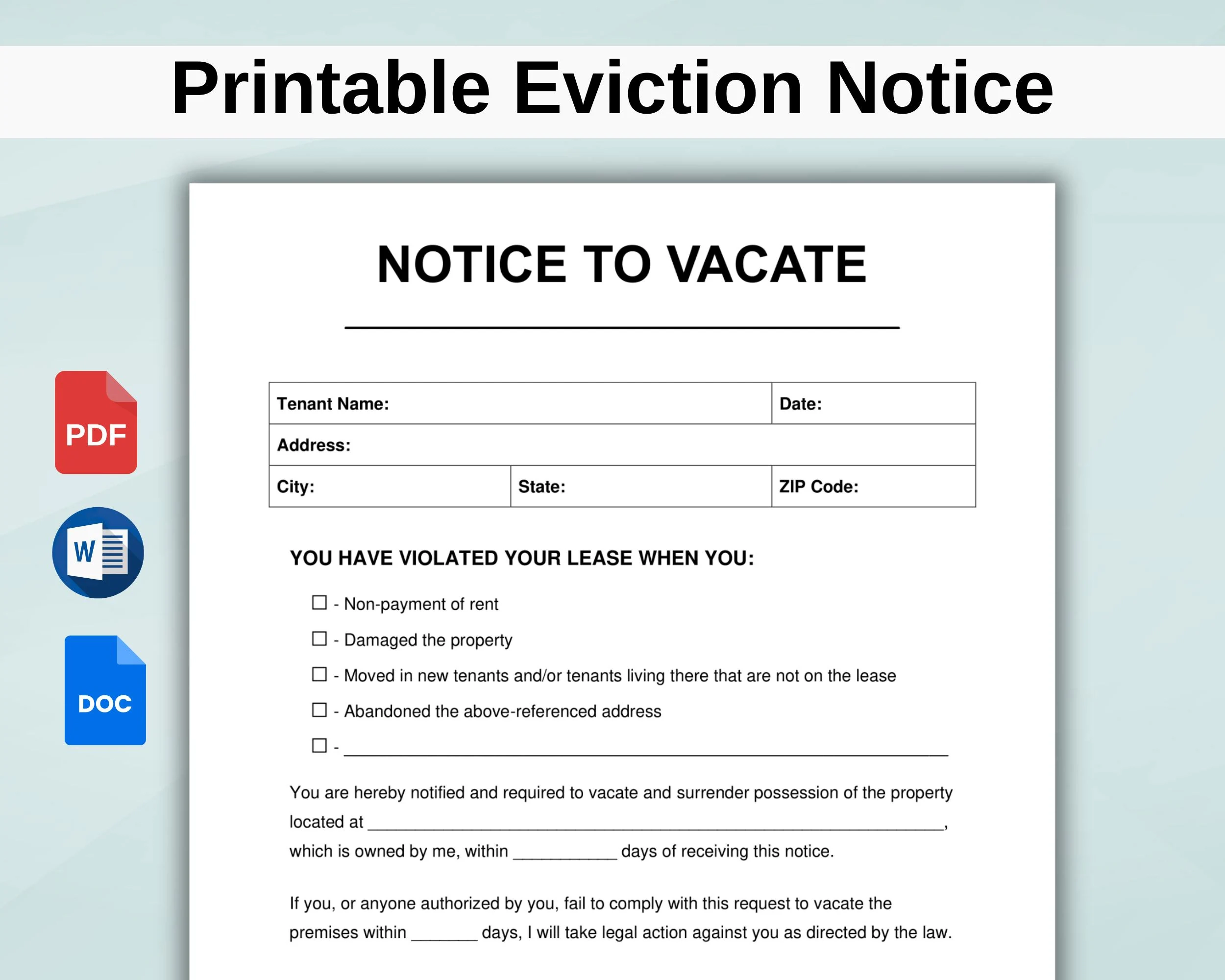 Printable Eviction Notice Lease Termination Form Editable Notice To Vacate Template Landlord Notice To Vacate To Tenant Instant Download Etsy