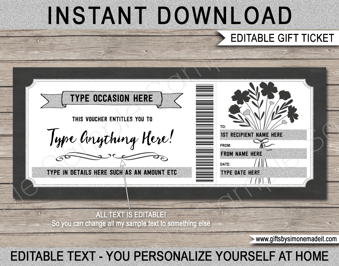Printable Gift Voucher Template Gift Certificate Gift Card Editable Text