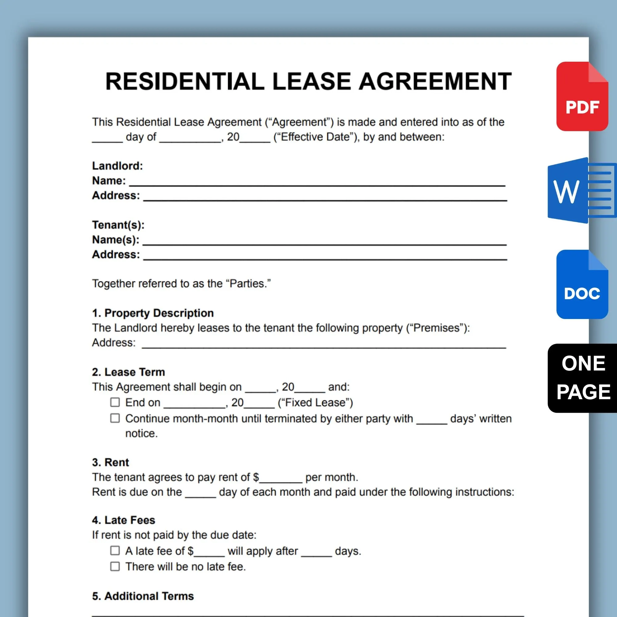 Printable Lease Agreement Template One Page Rental Contract For Landlords And Tenants Fillable PDF Editable Word Google Docs Etsy