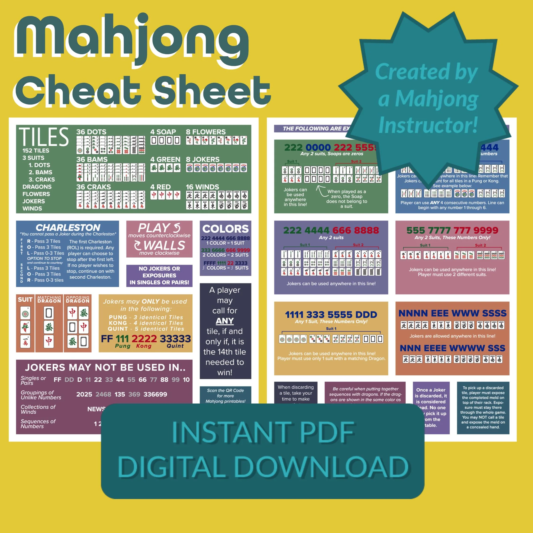 Printable Mahjong Cheat Sheet Beginner s Guide Rules PDF Download Etsy