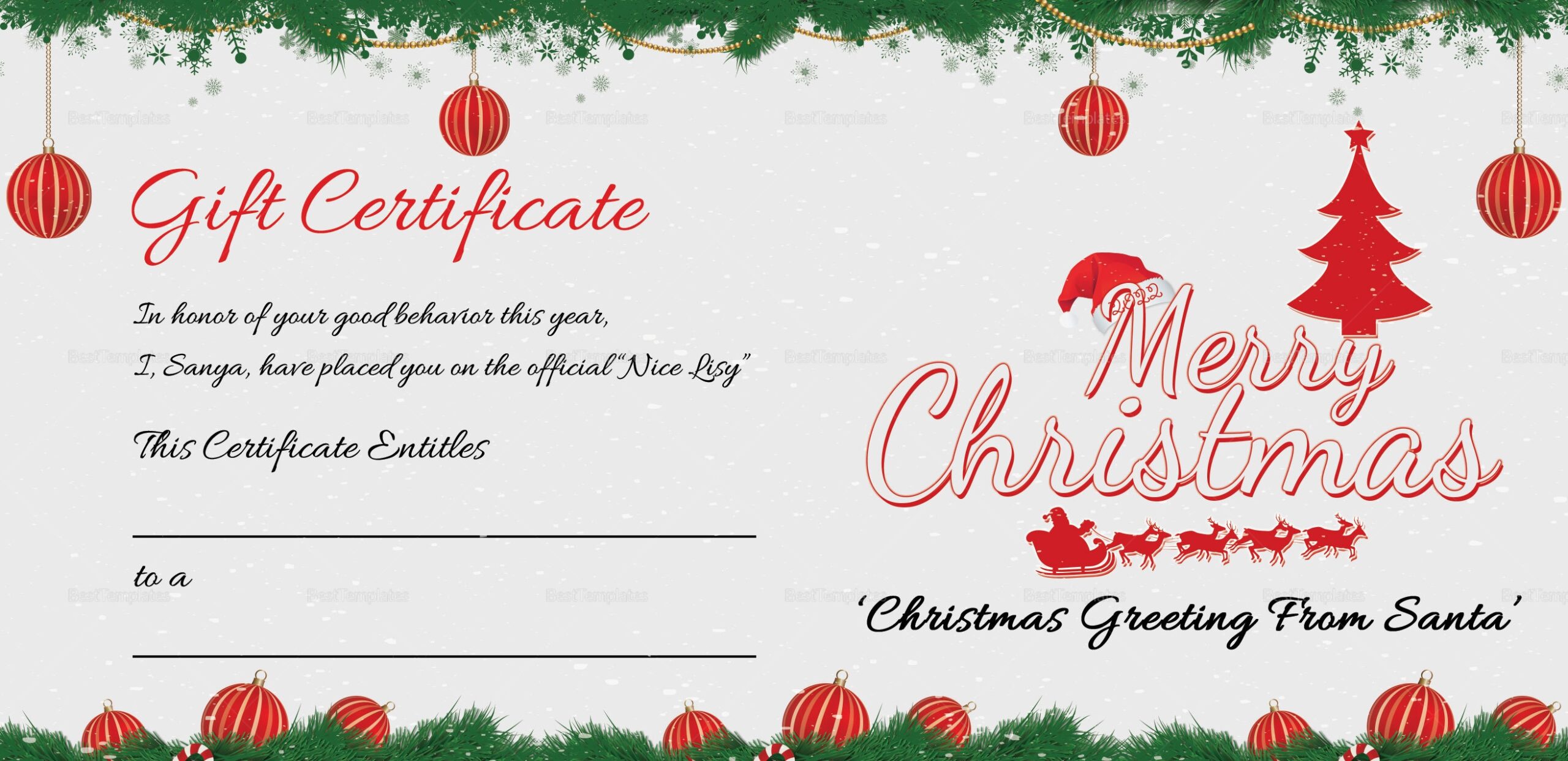 Printable Merry Christmas Gift Certificate Template In Adobe Photoshop