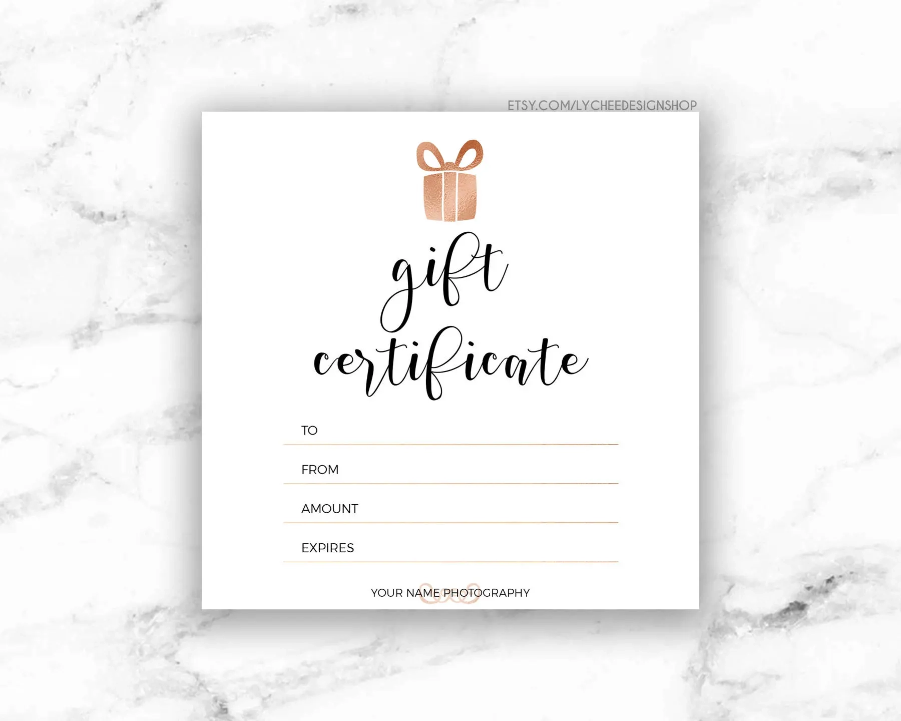 Printable Rose Gold Gift Certificate Template Editable Photography Studio Gift Card Design Photoshop Template PSD INSTANT DOWNLOAD Etsy