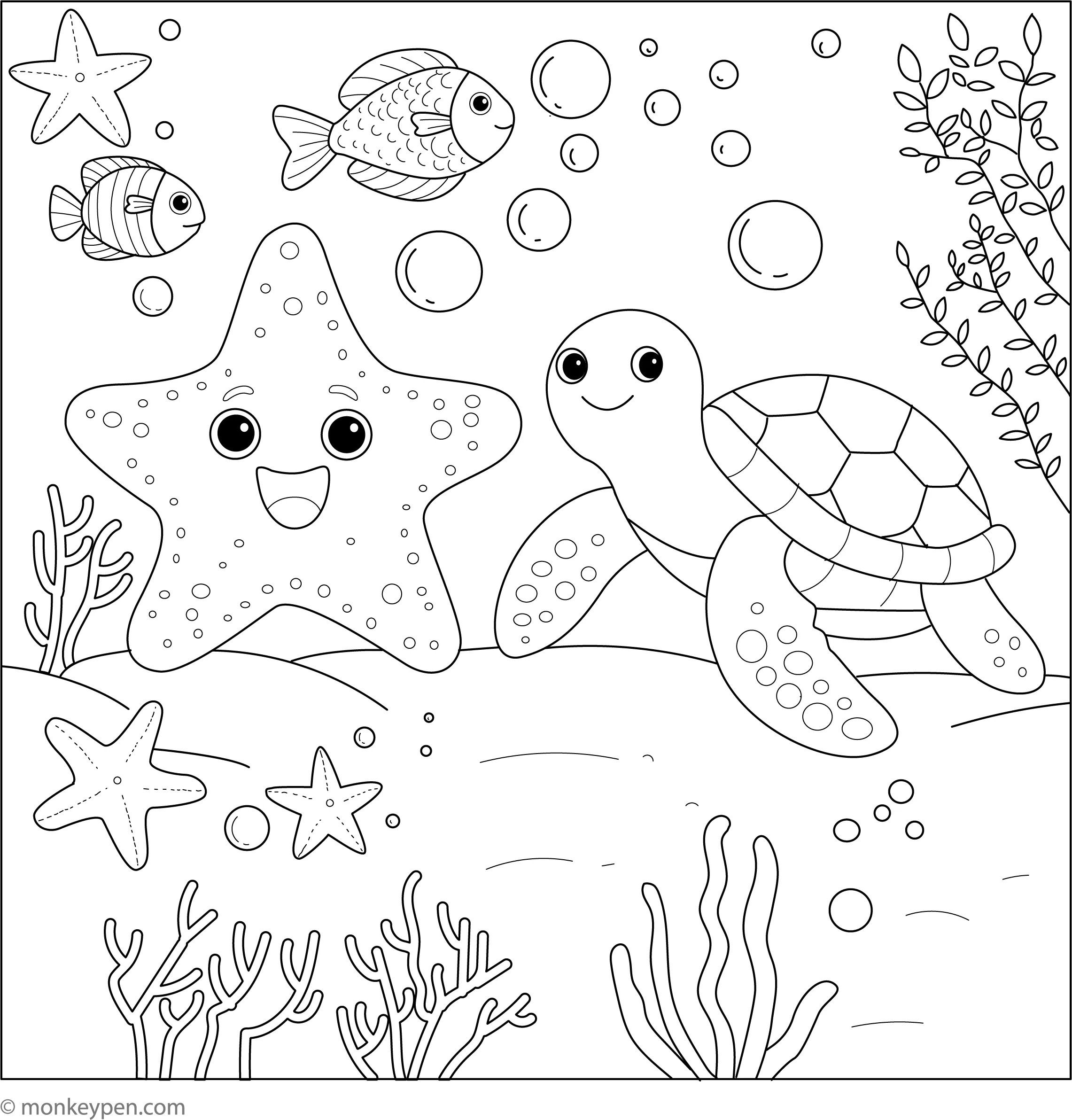 Printable Starfish And Sea Turtle Coloring Sheet Free PDF