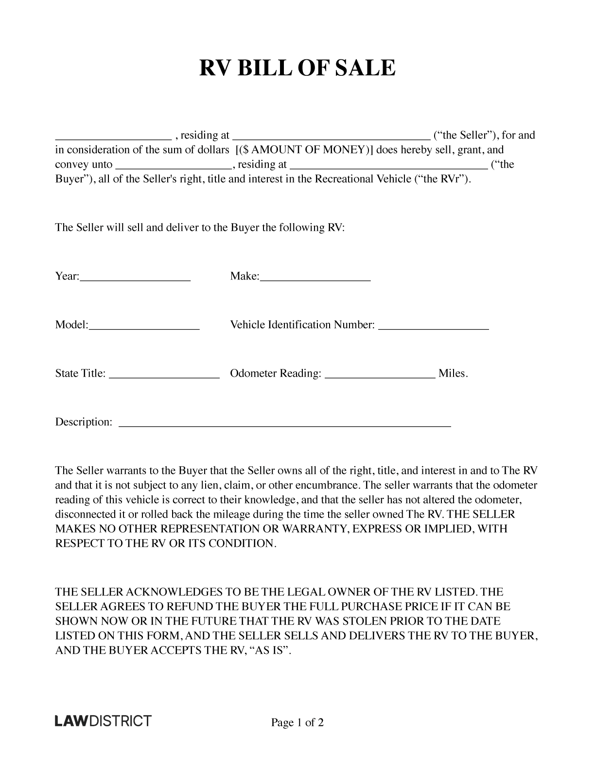 Recreational Vehicle RV Bill Of Sale Form Lawdistrict