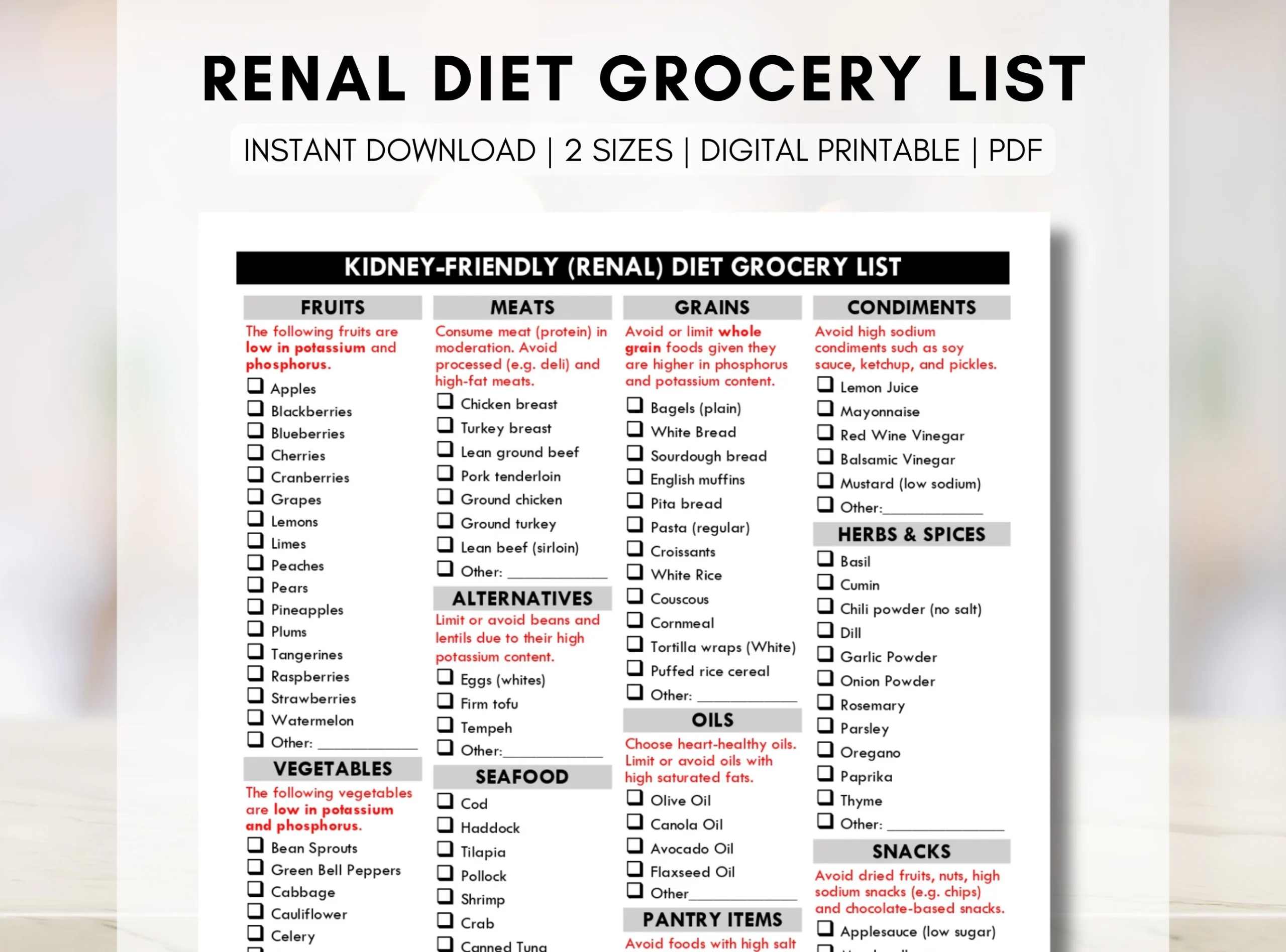 Renal Diet Grocery List Kidney Diet Shopping List Kidney Disease Food Guide Low Potassium Meal Planner Low Sodium digital Printable Etsy