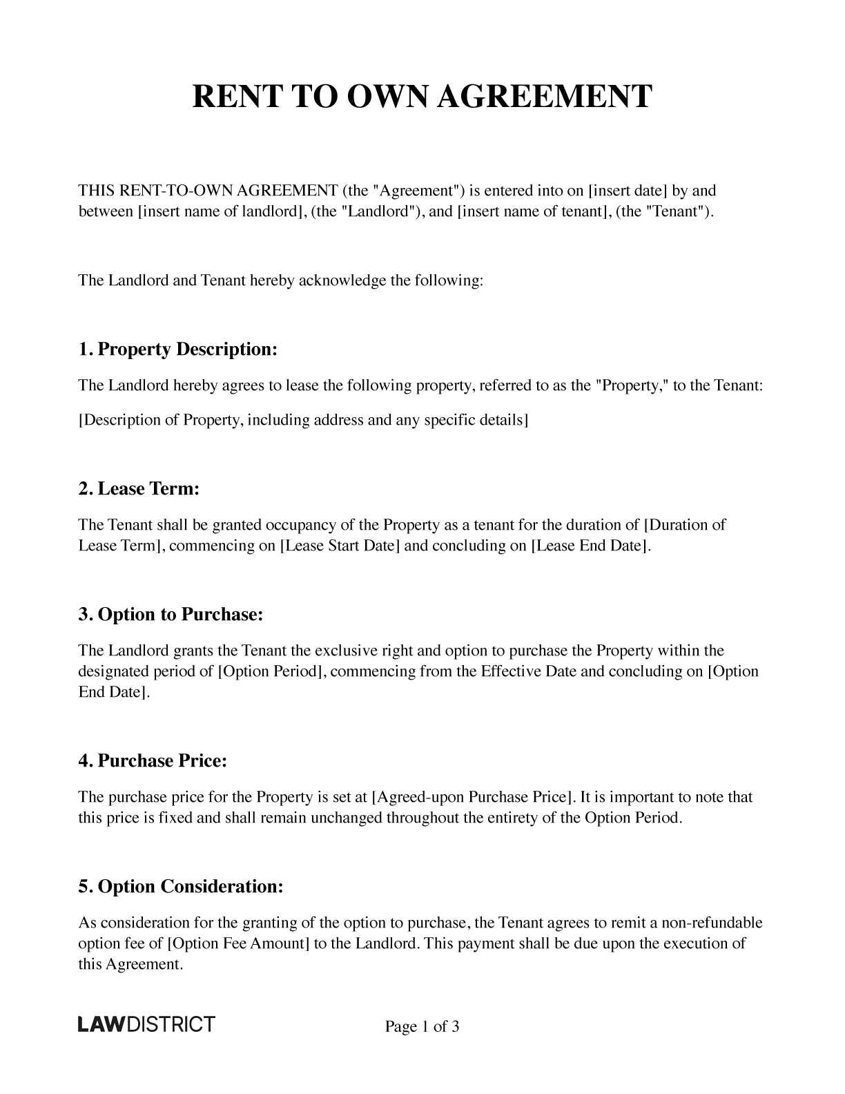 Rent to Own Agreement Form Download PDF Word Lawdistrict