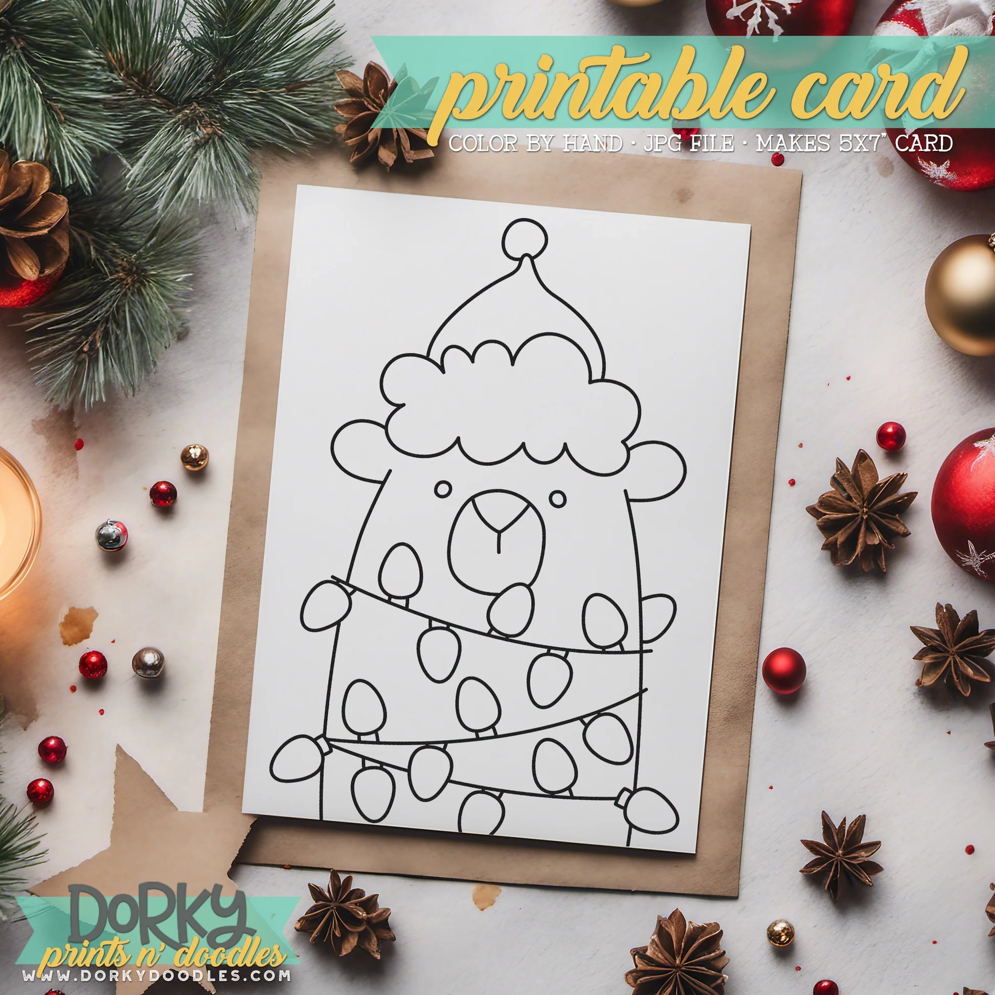 Santa Bear Hand Drawn Christmas Coloring Cards Printable Holiday G Dorky Doodles