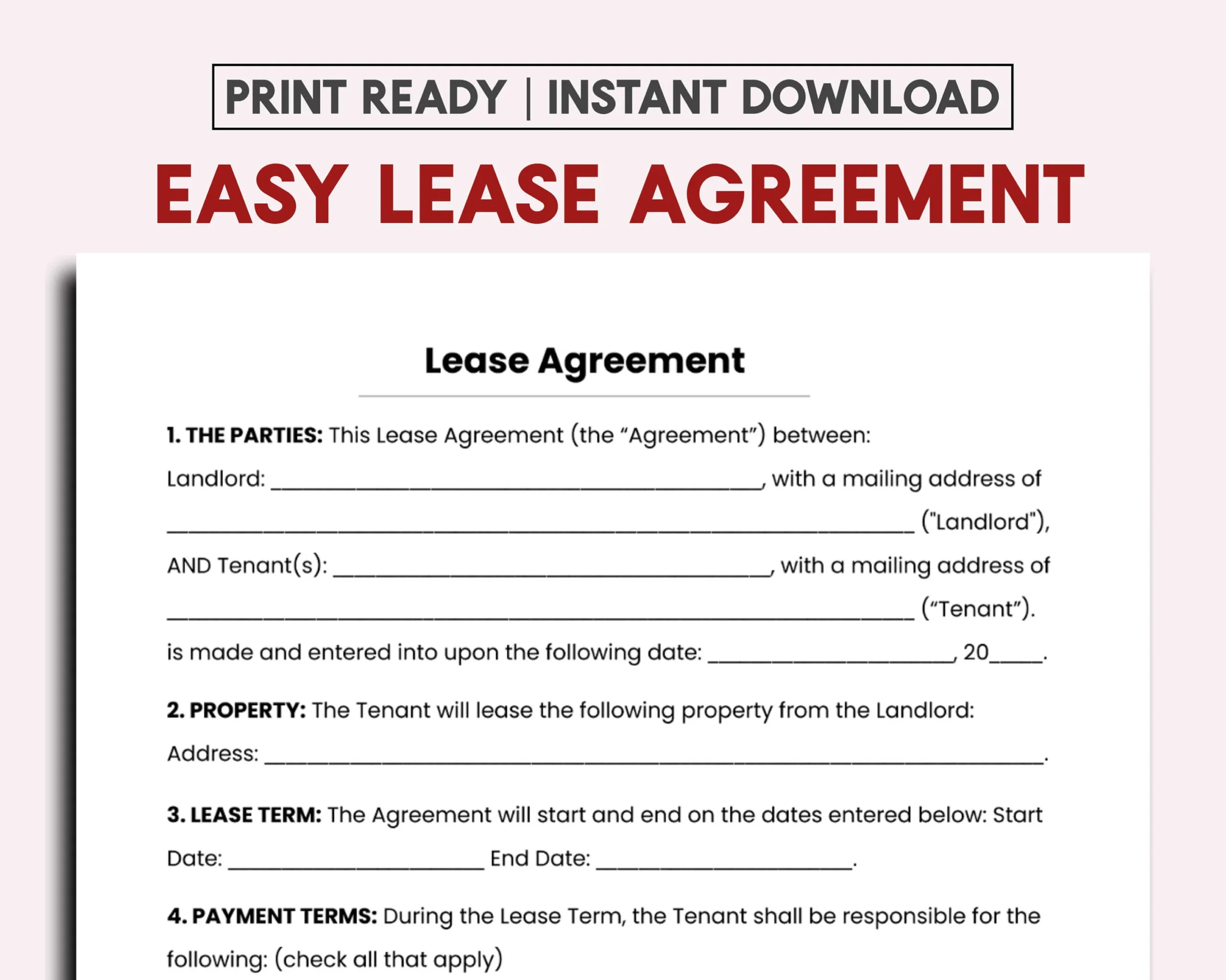 Simple One Page Lease Agreement Etsy