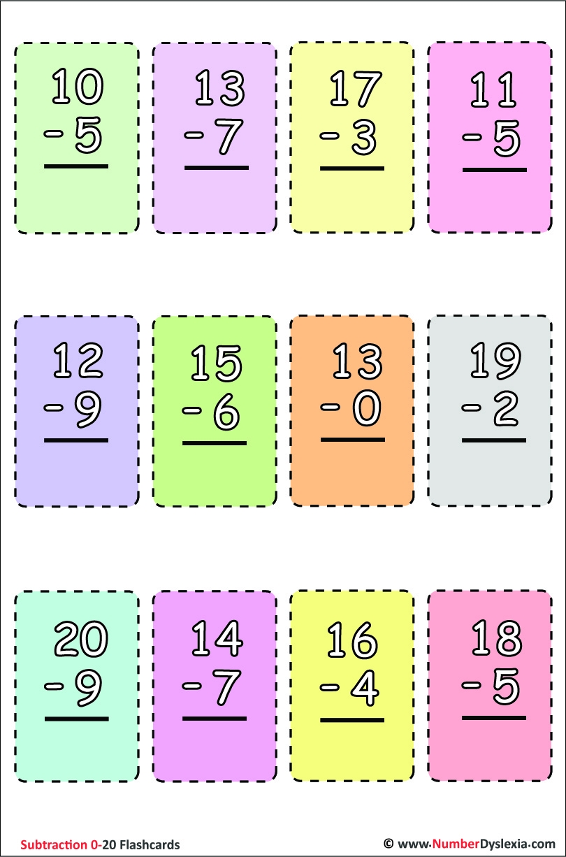 Subtraction Flash Cards ONLINE Printable