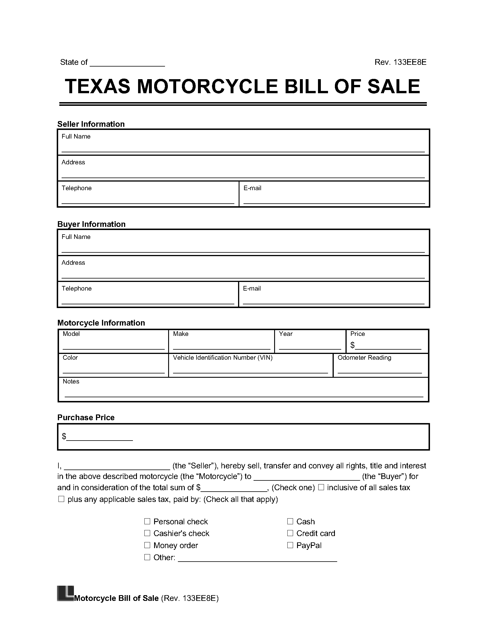 Texas Motorcycle Bill Of Sale Form Legal Templates
