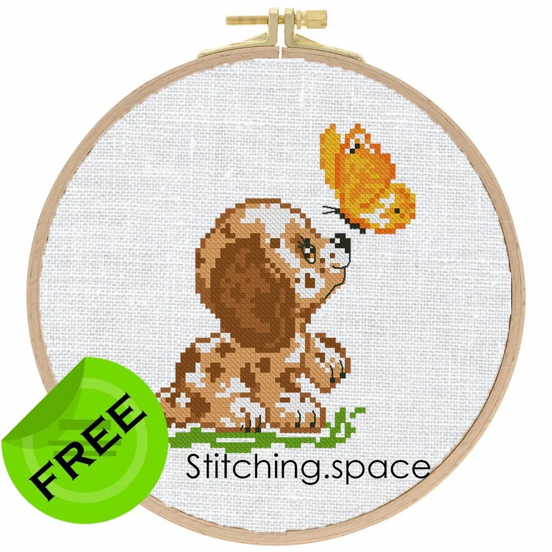The Free Printable Small And Easy Cross stitch Pattern With Pretty Dog Butterfly In Modern Style R Stitchy