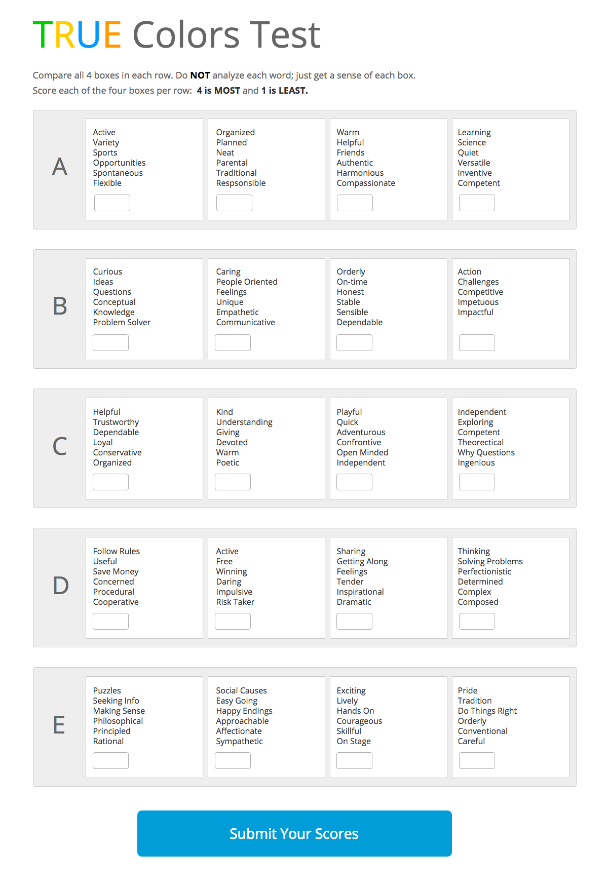 TRUE COLORS Personality Test Behance Worksheets Library