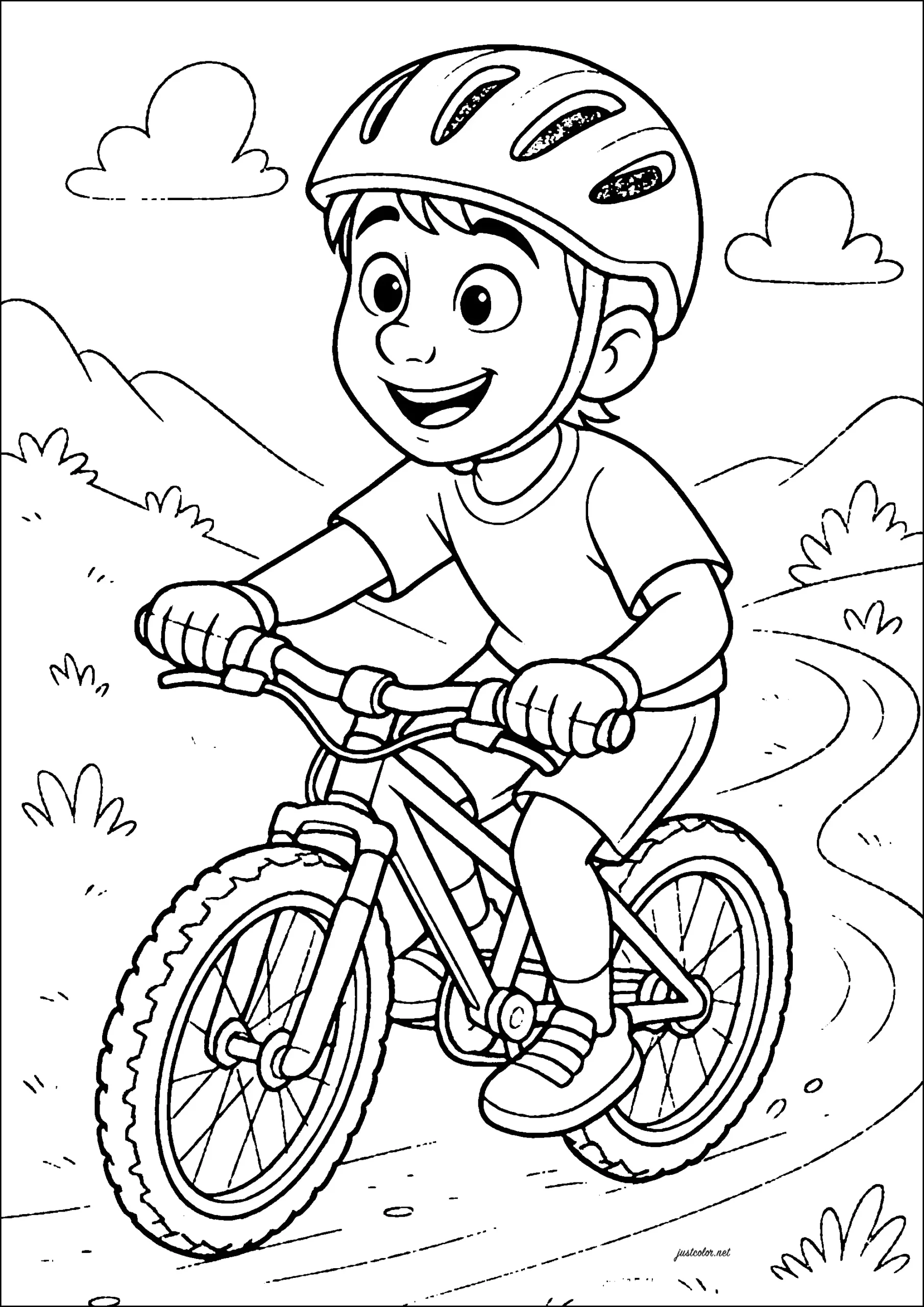Young Boy Riding A Mountain Bike Sports Coloring Pages