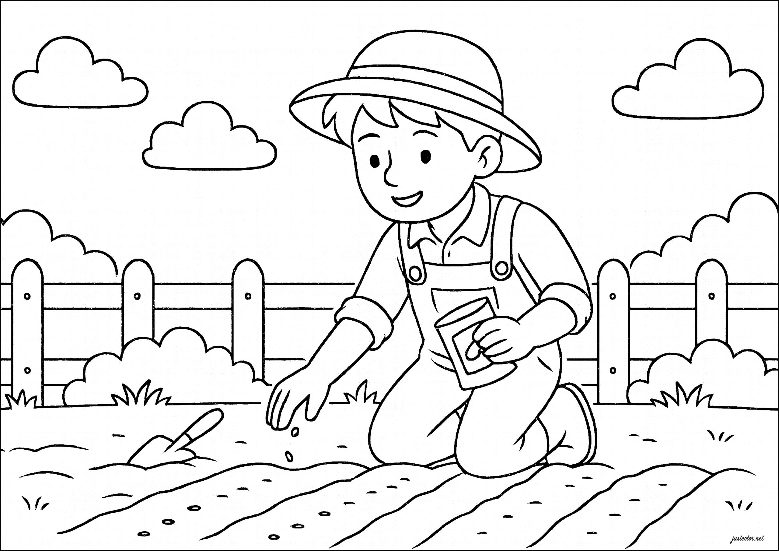 Young Farmer Sowing Seeds In His Vegetable Garden Farm Coloring Pages