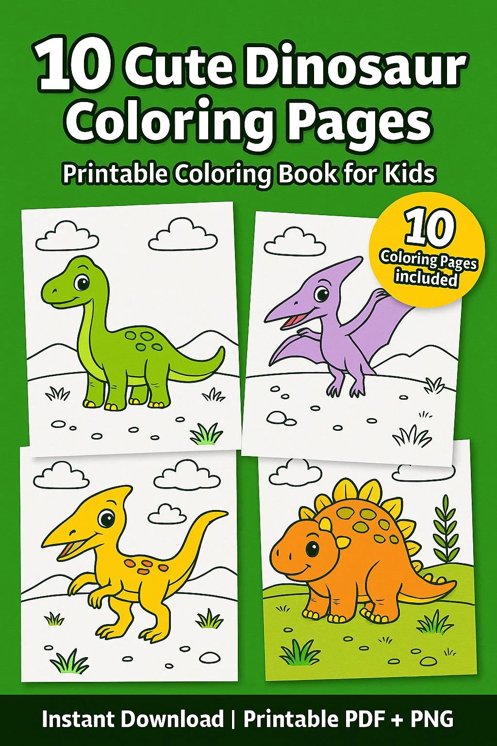 10 Cute Dinosaur Coloring Pages For Kids Printable Coloring Book Bundle T rex Triceratops Stegosaurus Spinosaurus Instant Download Etsy