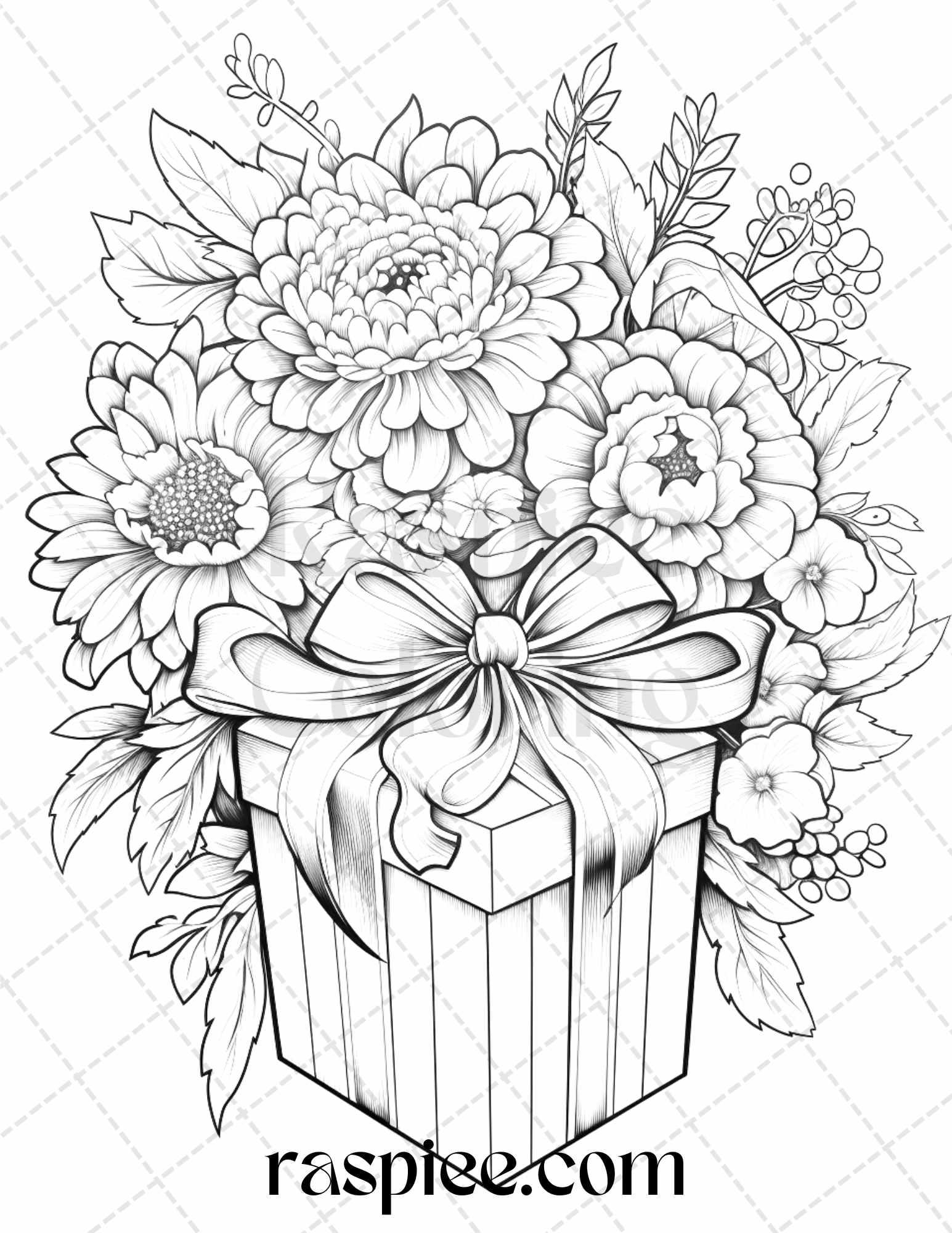 40 Flower Gift Box Grayscale Coloring Pages Printable For Adults Kids RASPIEE