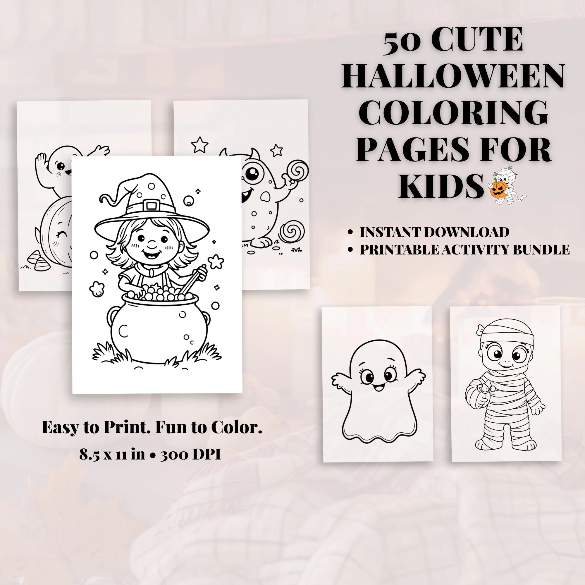 50 Halloween Coloring Pages For Kids Printable Activity Bundle digital Download PNG Etsy