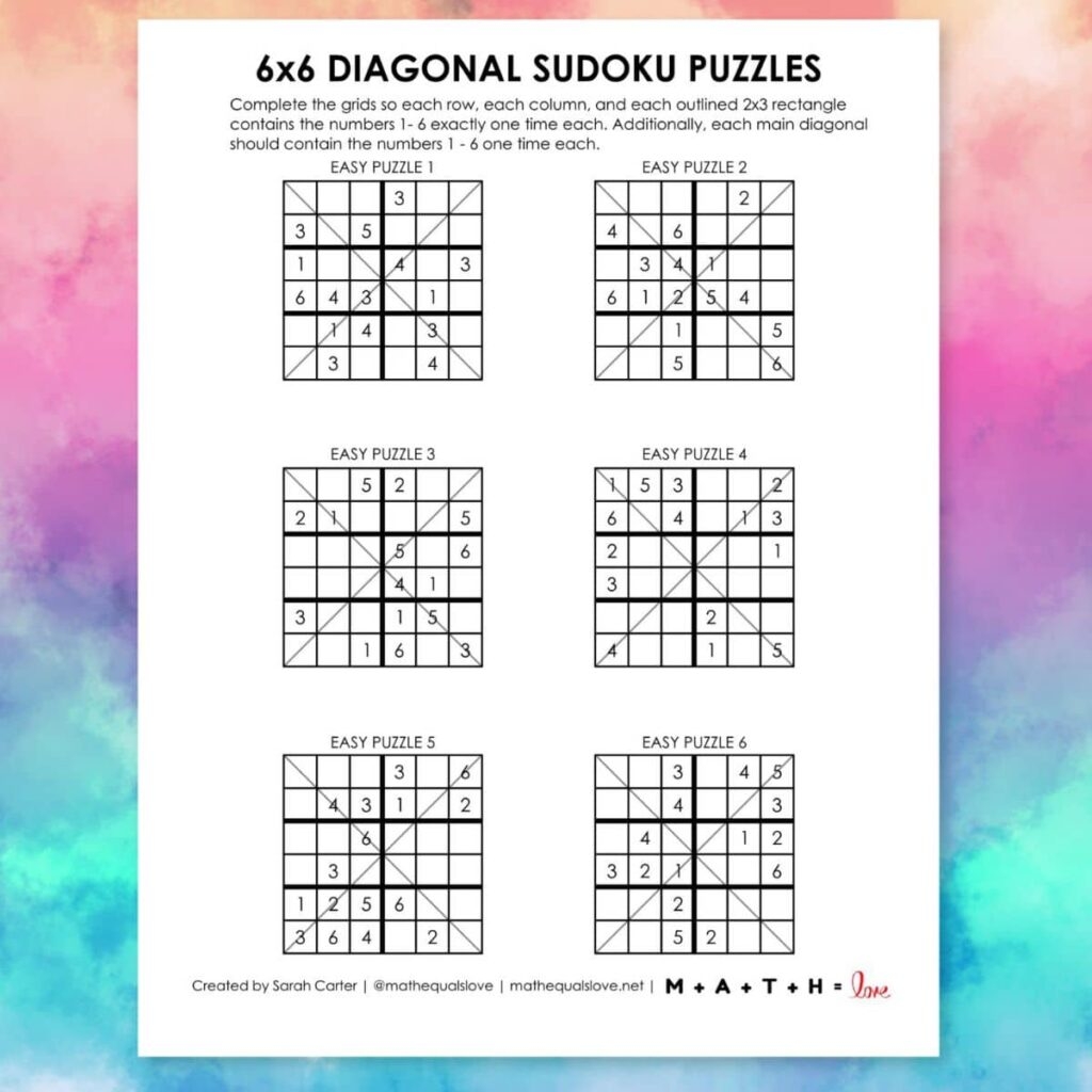6x6 Diagonal Sudoku Puzzles Math Love