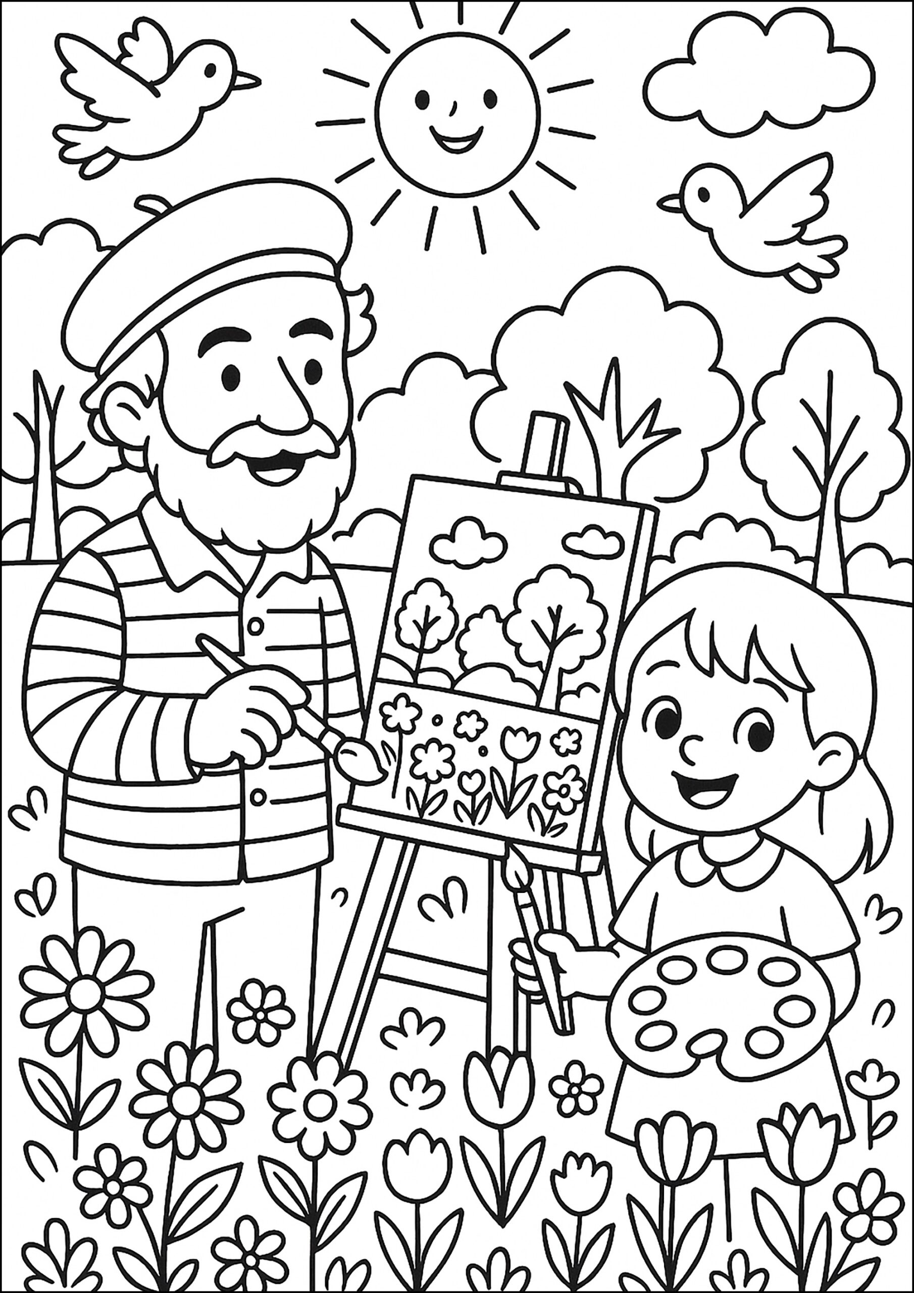 A Painter And A Young Girl Painting Flowers Flower Coloring Pages For Kids