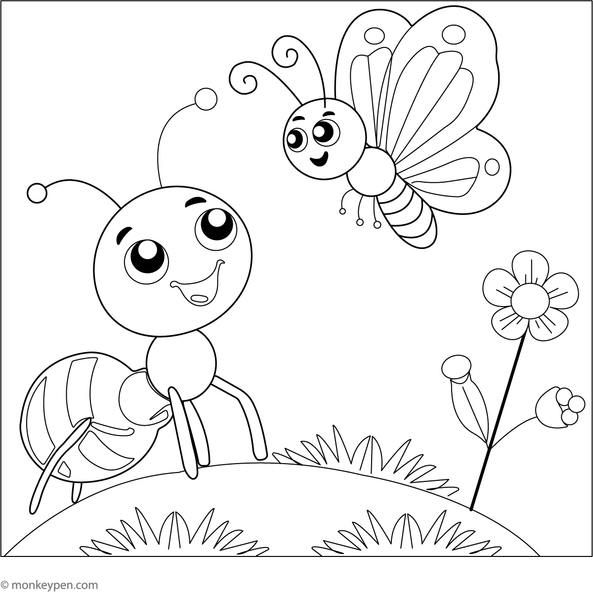 Ant And The Butterfly Coloring Page