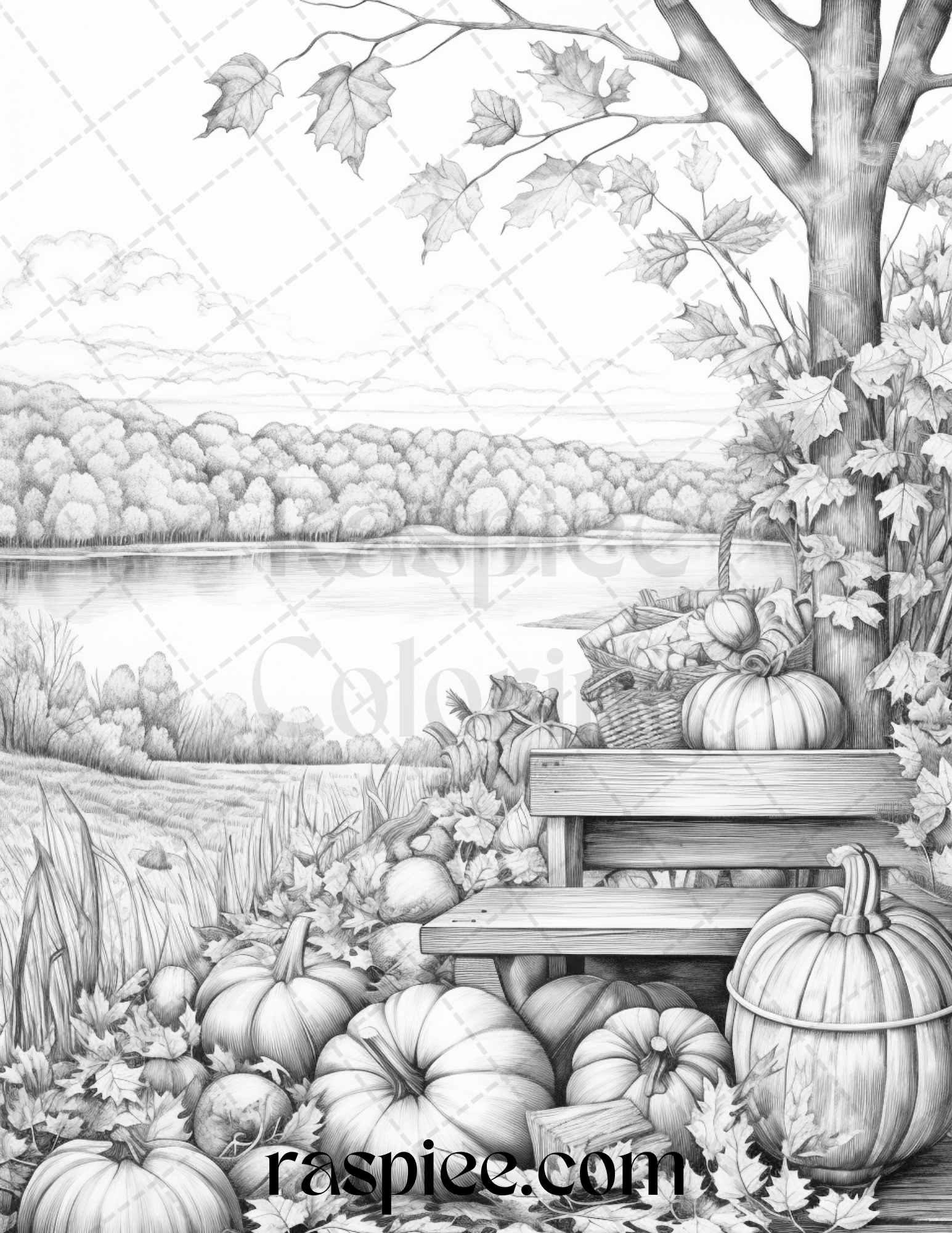 Autumn Scenery Grayscale Coloring Pages Printable For Adults PDF File RASPIEE