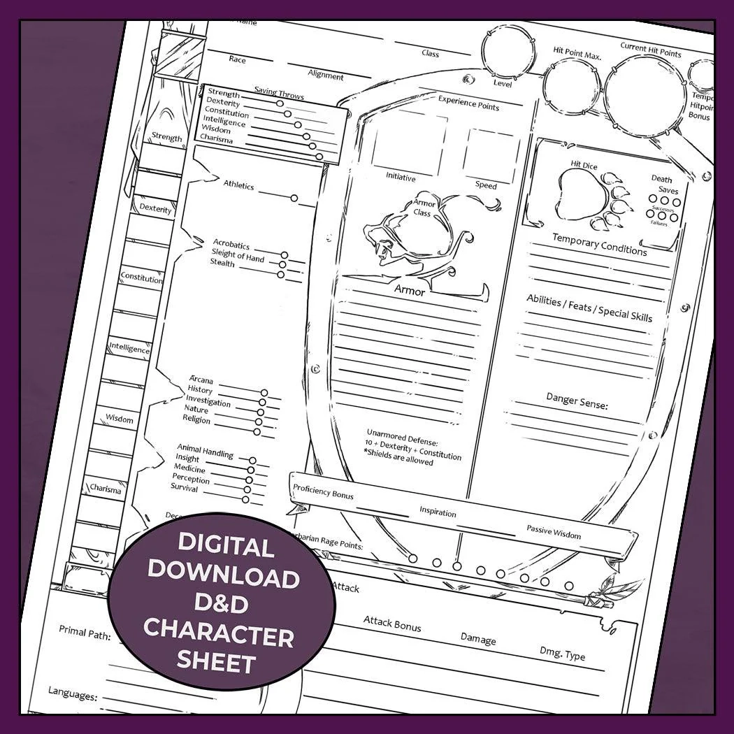 Barbarian Rage Colorless DnD 5e Barbarian Character Sheet Form Fillable PDF