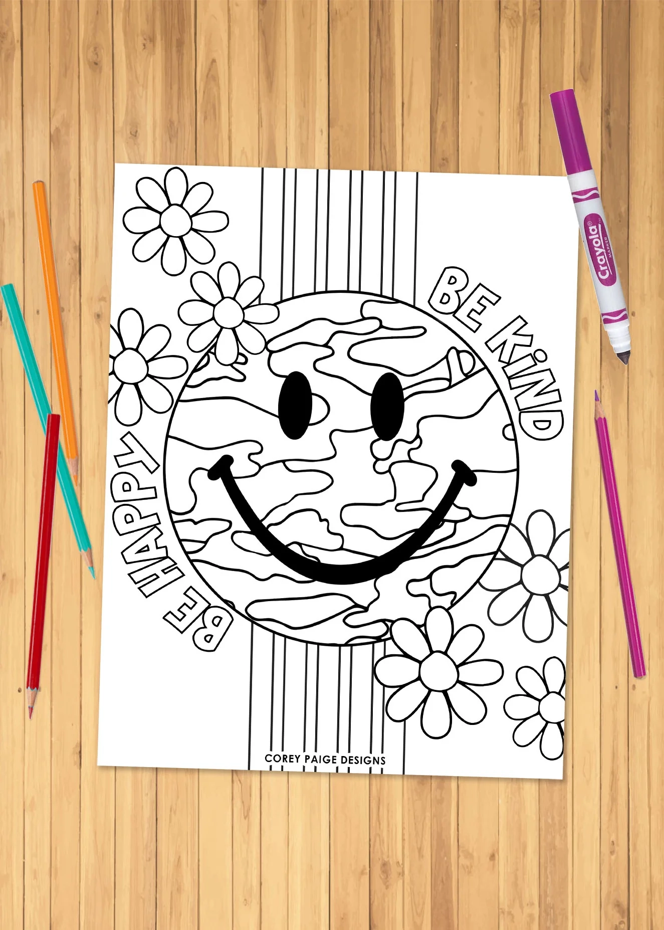 Be Happy Be Kind Coloring Sheet CoreyPaigeDesigns