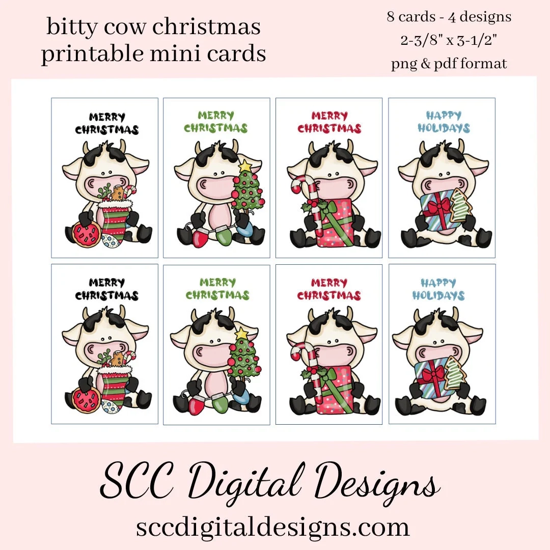 Bitty Cow Christmas Printable Mini Cards 2 Sets Of 8 Mini Cards With SCC Digital Designs
