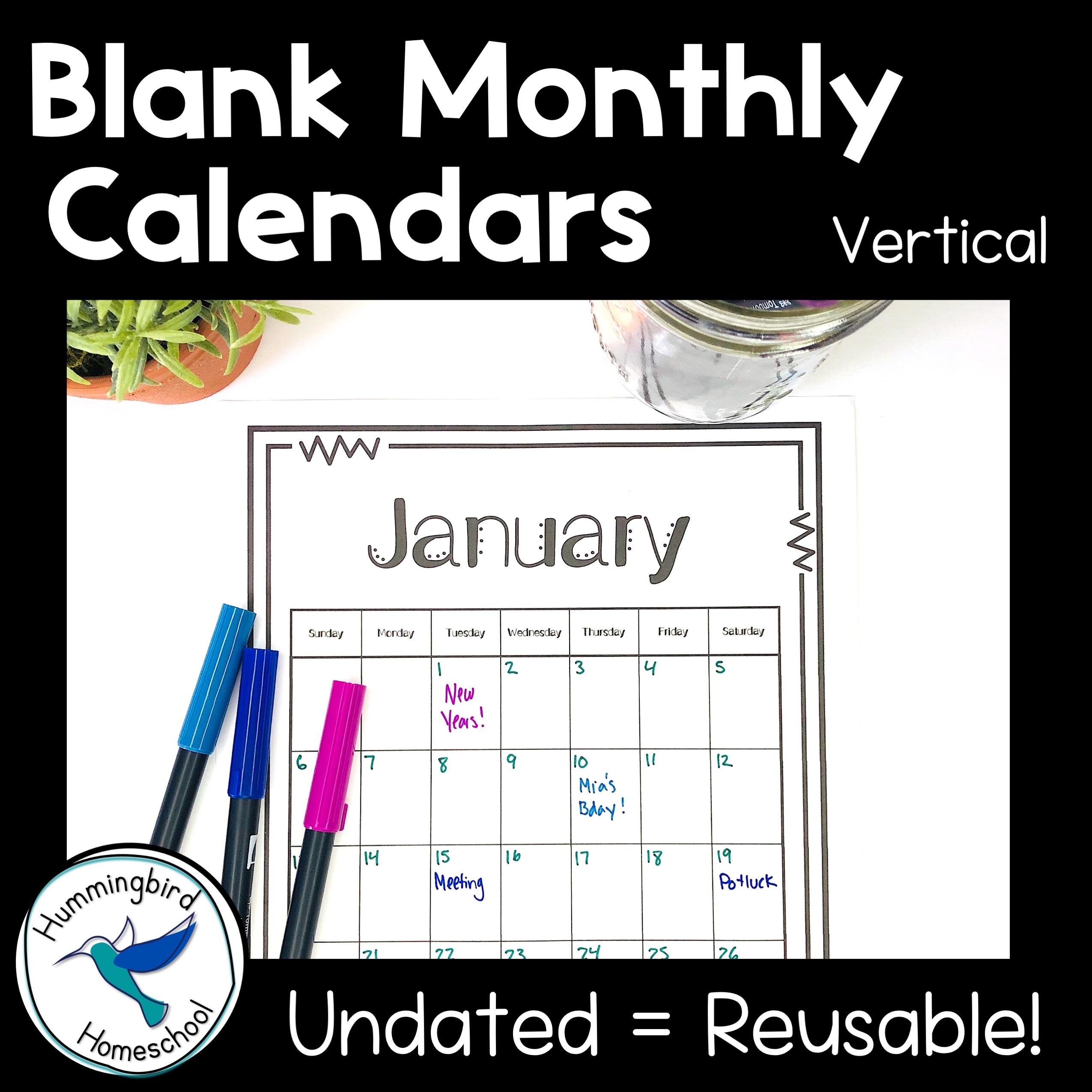 Blank Monthly Calendars Vertical Undated Reusable Single Page Per Month Made By Teachers
