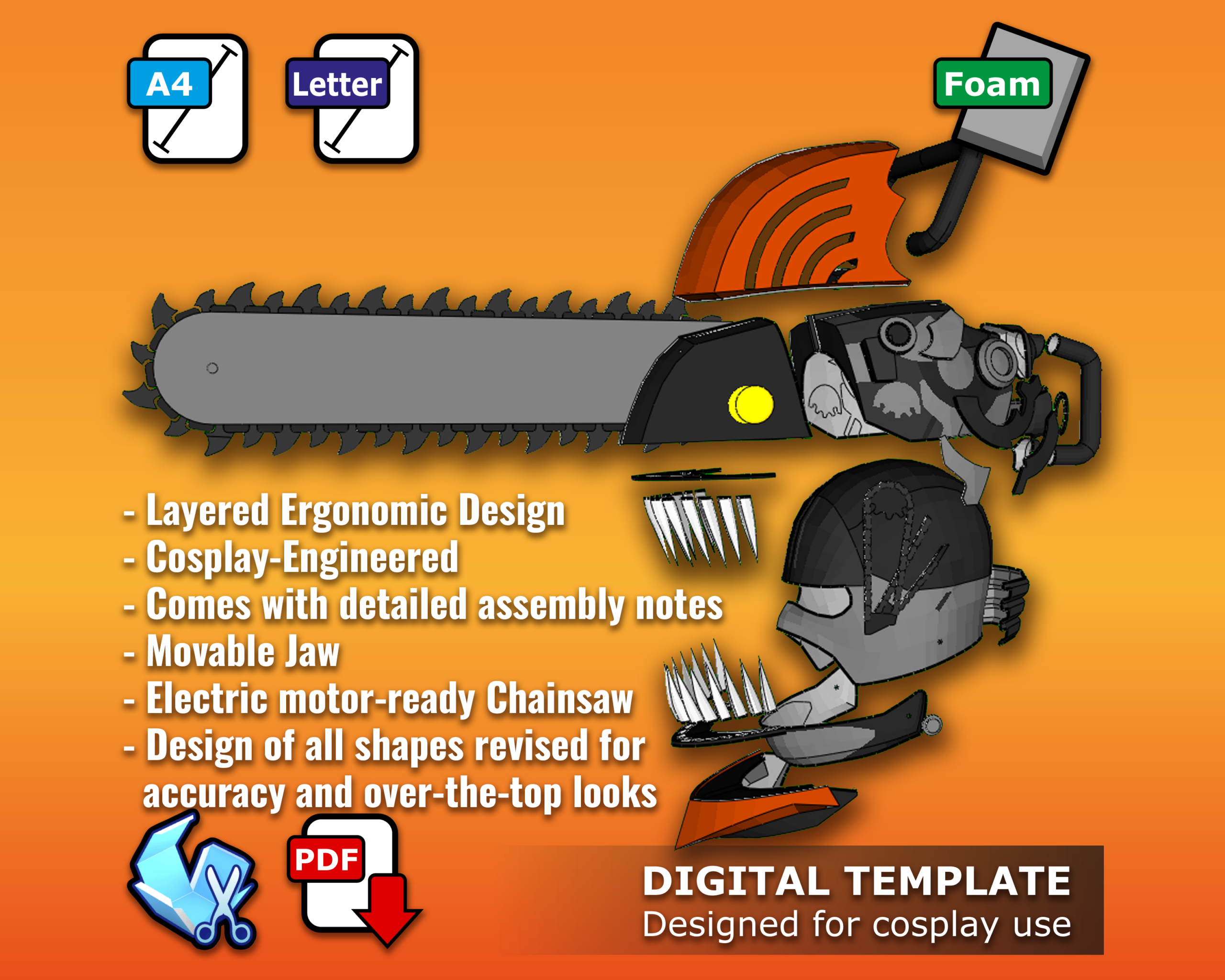 Chainsaw Man Helmet Set Cosplay Head Template Pepakura EVA Foam PDF 3D File For Papercraft Origami Cults
