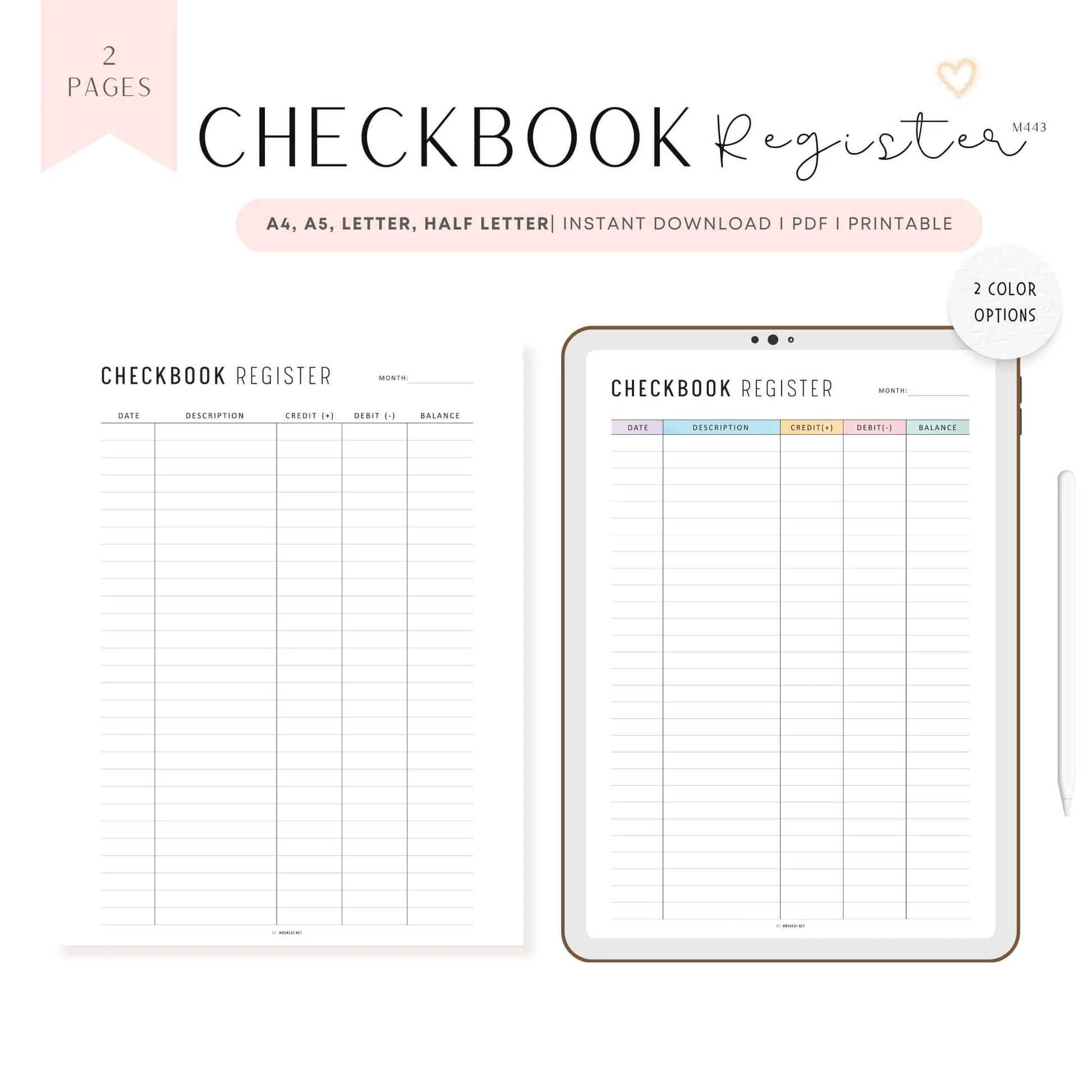 Checkbook Register Printable M444 Mrsneat