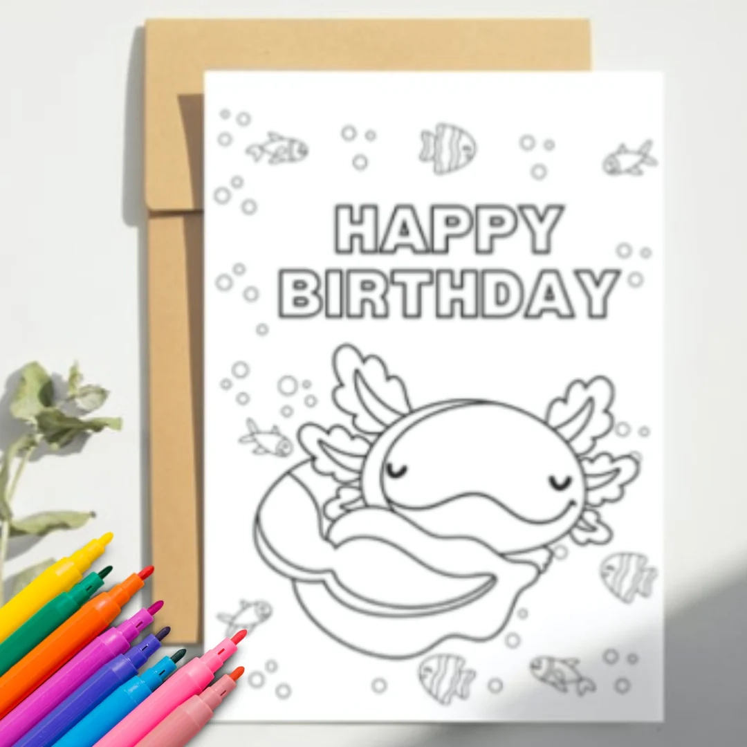 Cute Axolotl Coloring Birthday Card KY DesignX