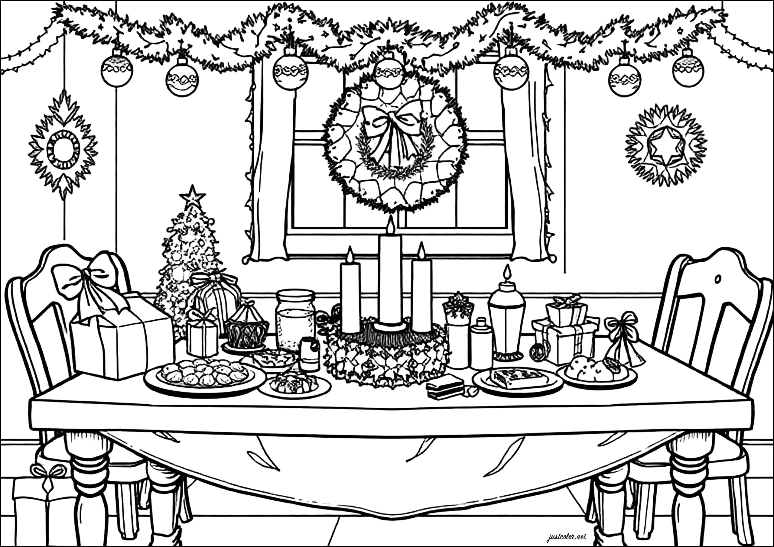 Decorated Christmas Table Full Of Good Food Christmas Coloring Pages For Kids
