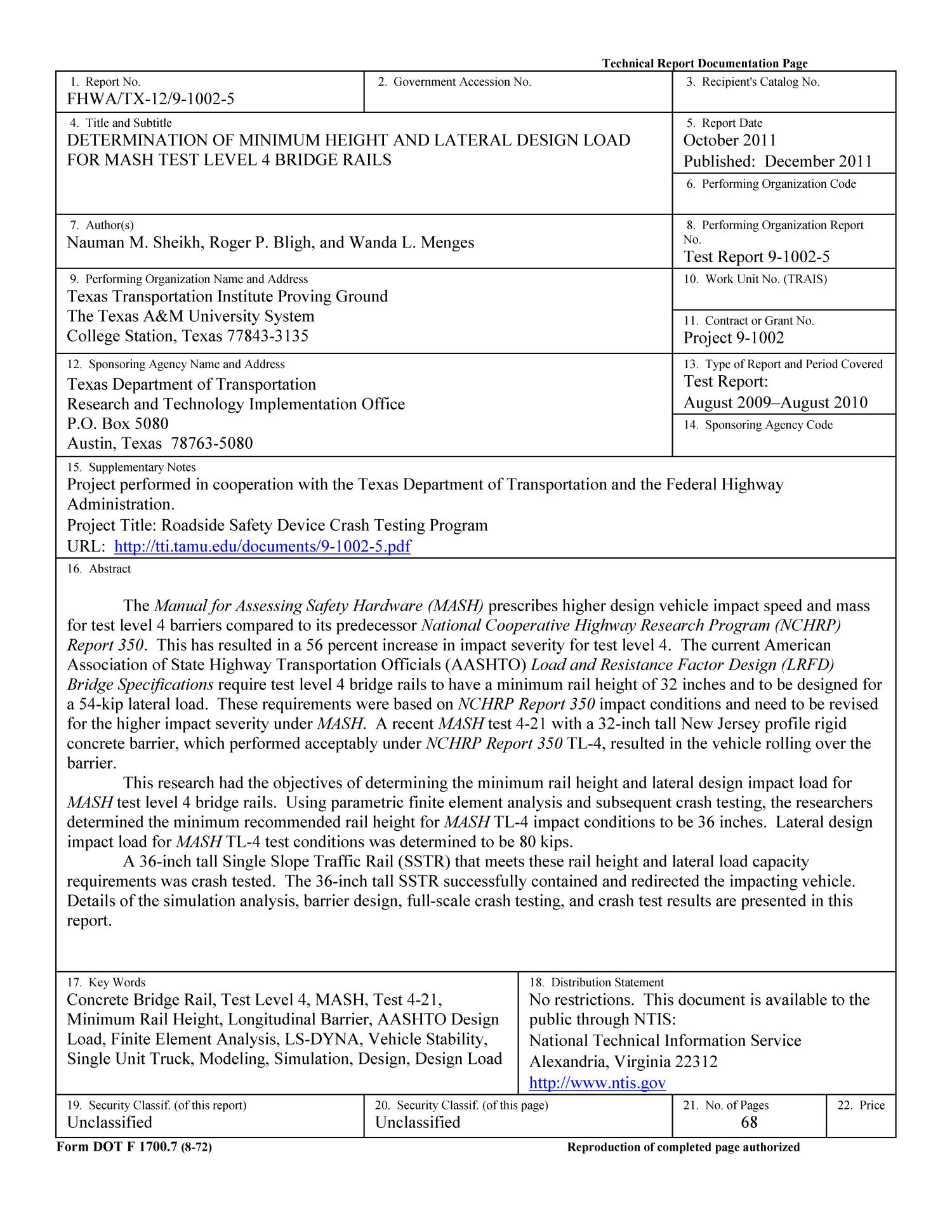 Determination Of Minimum Height And Lateral Design Load For MASH Test Level 4 Bridge Rails Page I The Portal To Texas History