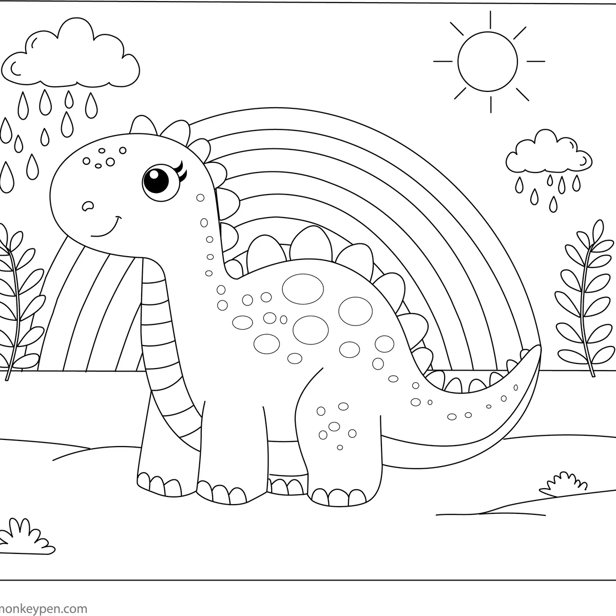 Dinosaur And Rainbow Free Printable Coloring Page