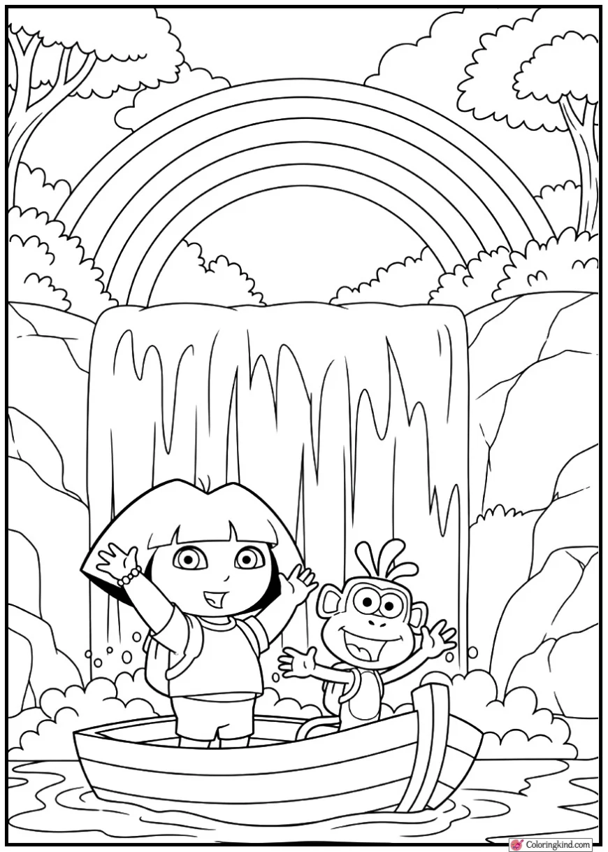 Dora Waterfall Adventure With Rainbow Coloringkind Printables