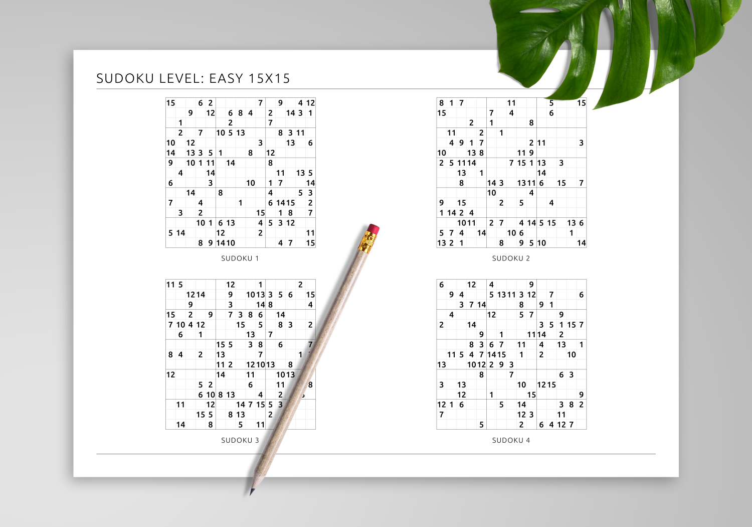 Download Printable 15x15 Easy Sudoku Horizontal 4 On Page PDF