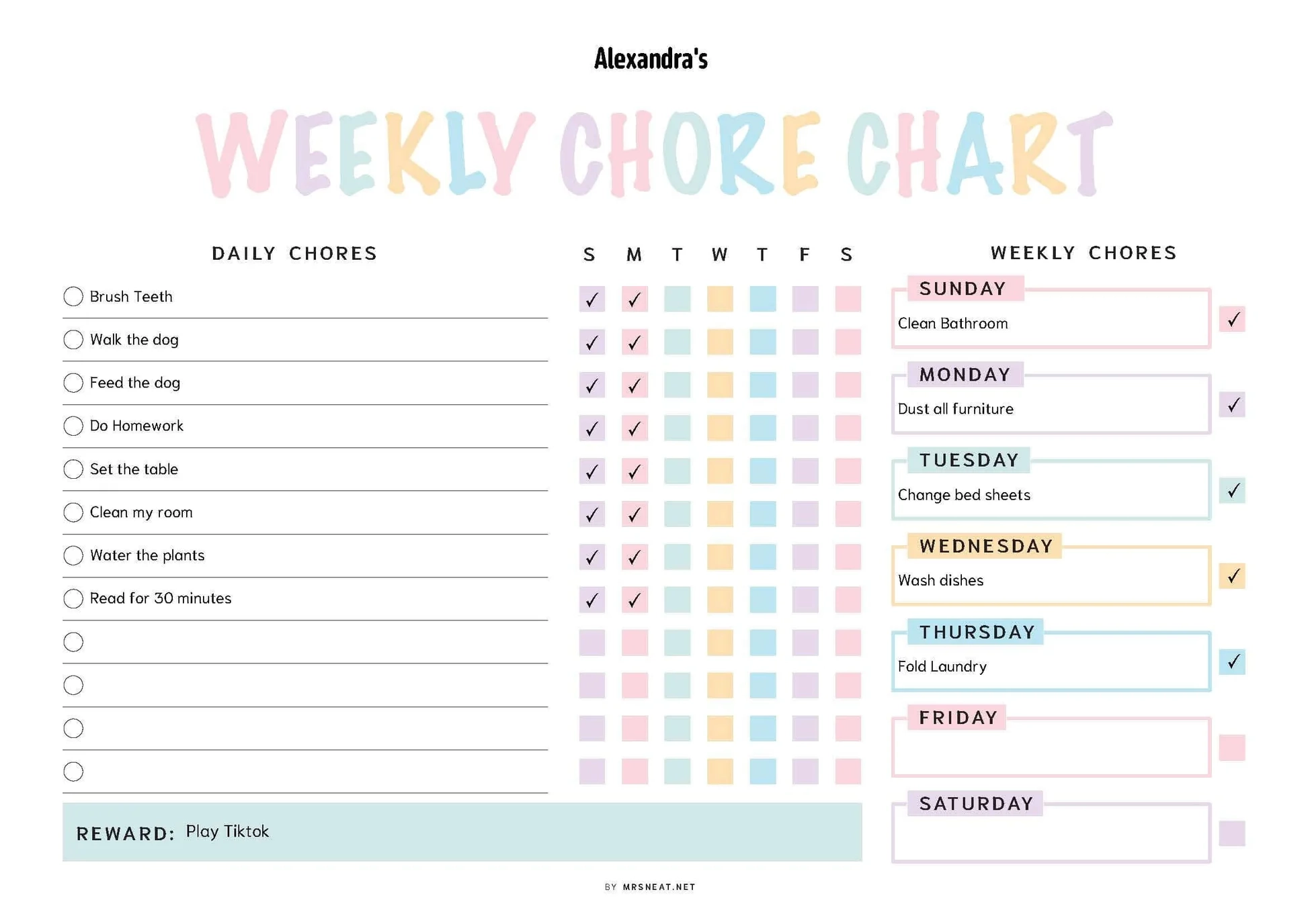 Editable Kids Chore Chart Printable PDF M491 Mrsneat Editable Kids Chore Chart Printable PDF M491 Mrsneat
