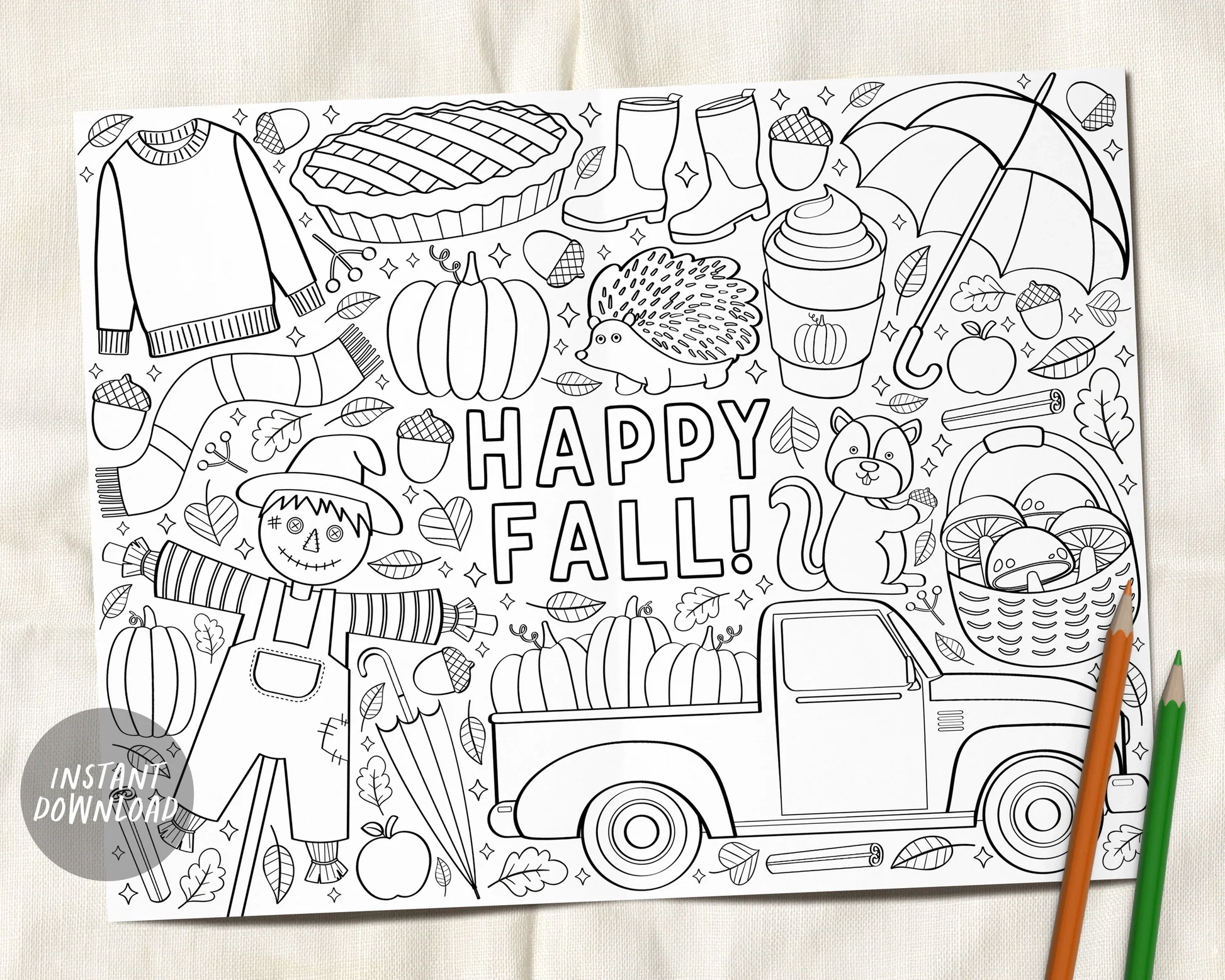 Fall Autumn Coloring Page Placemat For Kids And Adults Pumpkin Harves Puff Paper Co