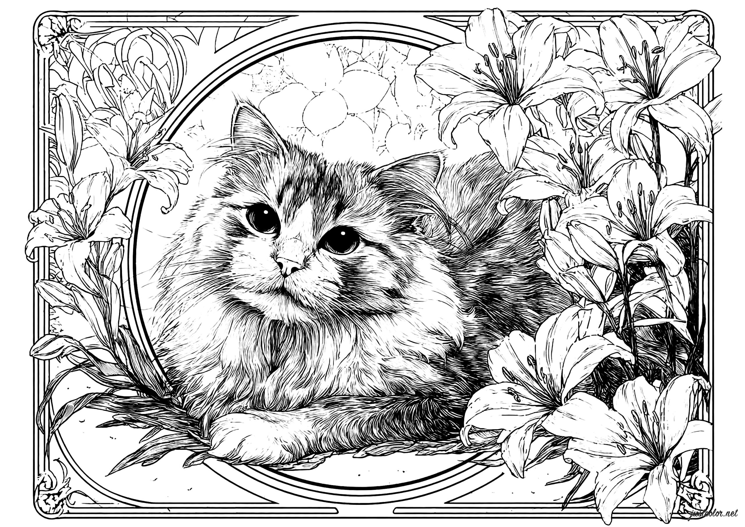 Feline Softness Among Flowers Cat Coloring Pages For Adults