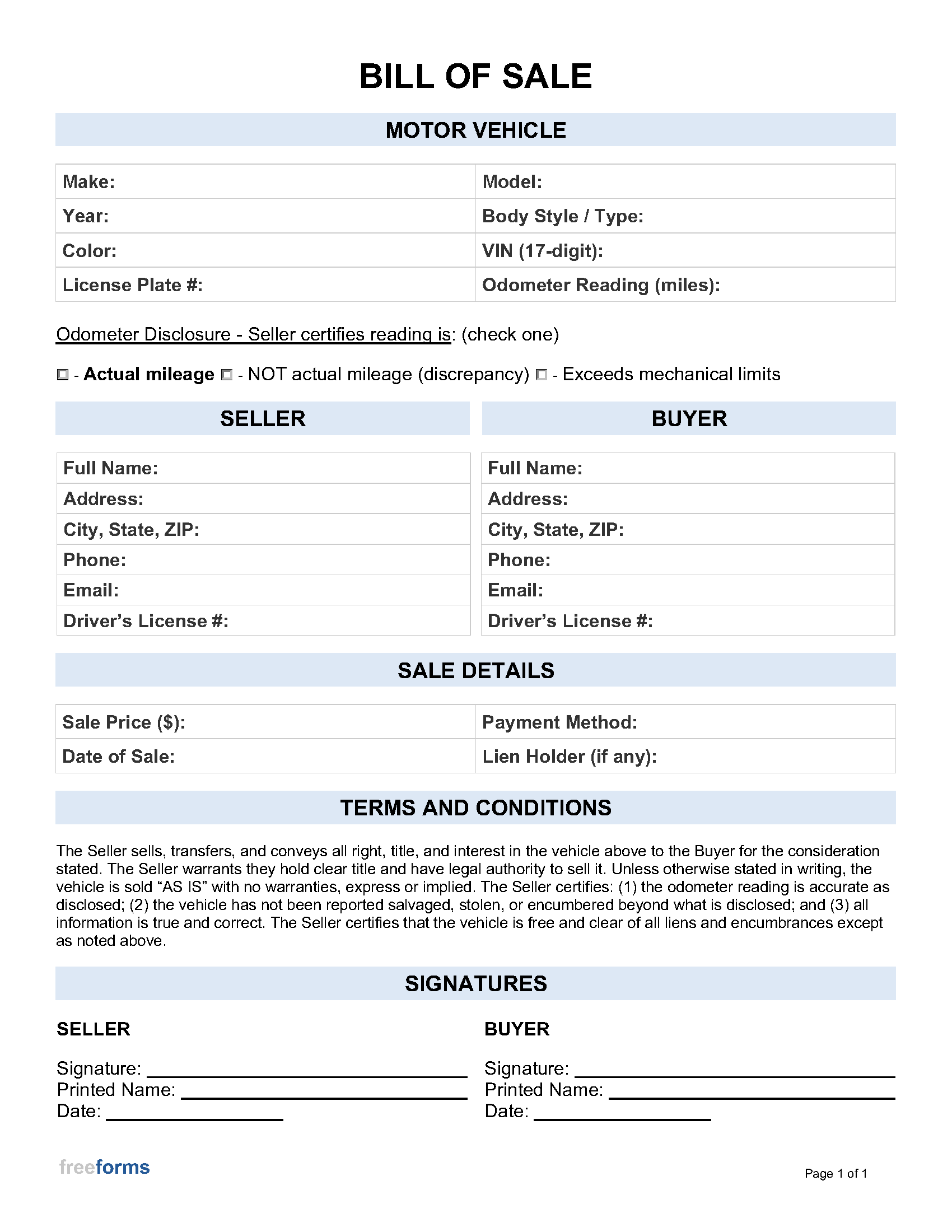 Free Bill Of Sale Form PDF Word