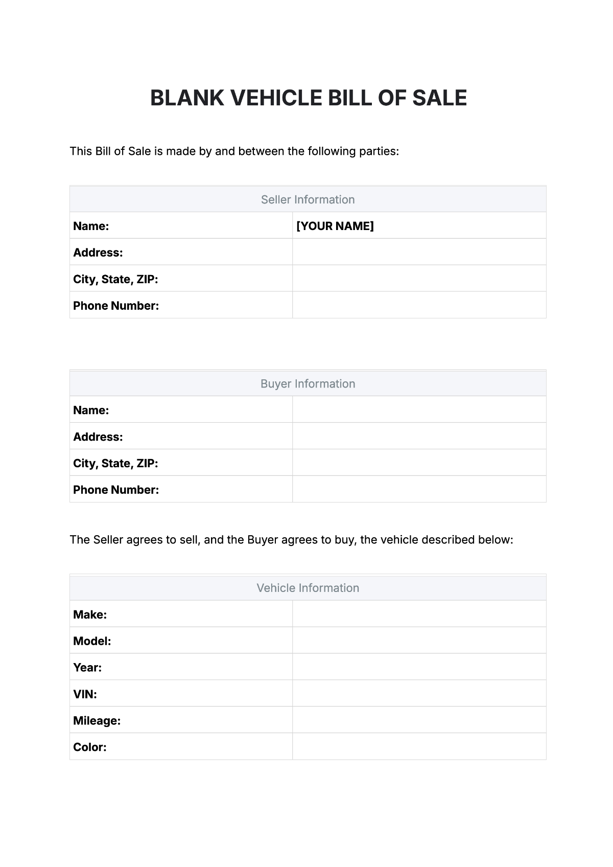 Free Blank Vehicle Bill Of Sale Template To Edit Online