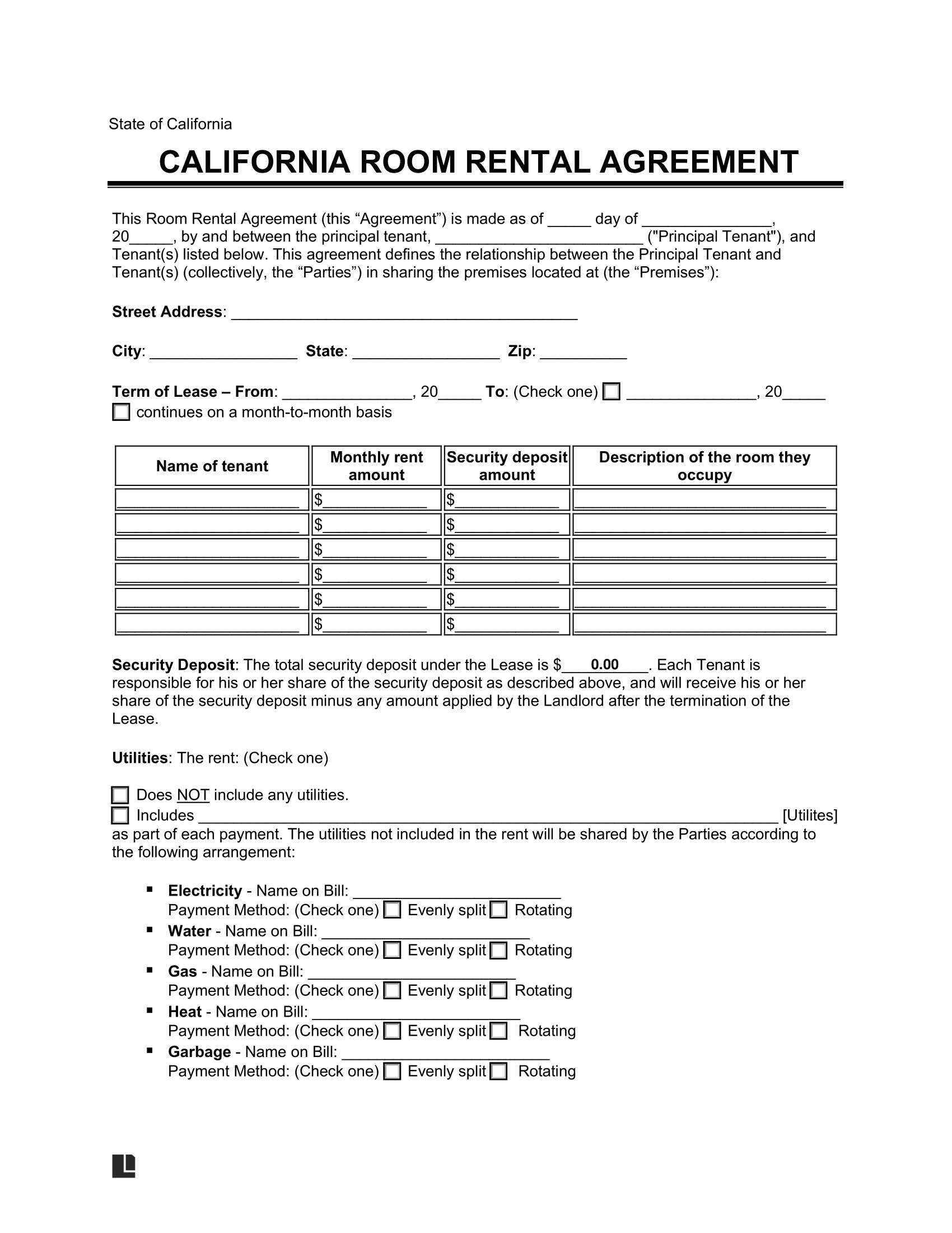 Free California Room Rental Agreement Template PDF Word