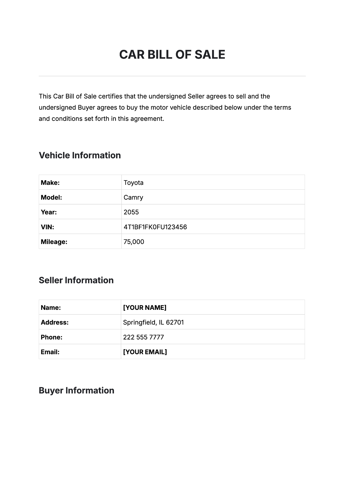 Free Car Bill Of Sale Template To Edit Online