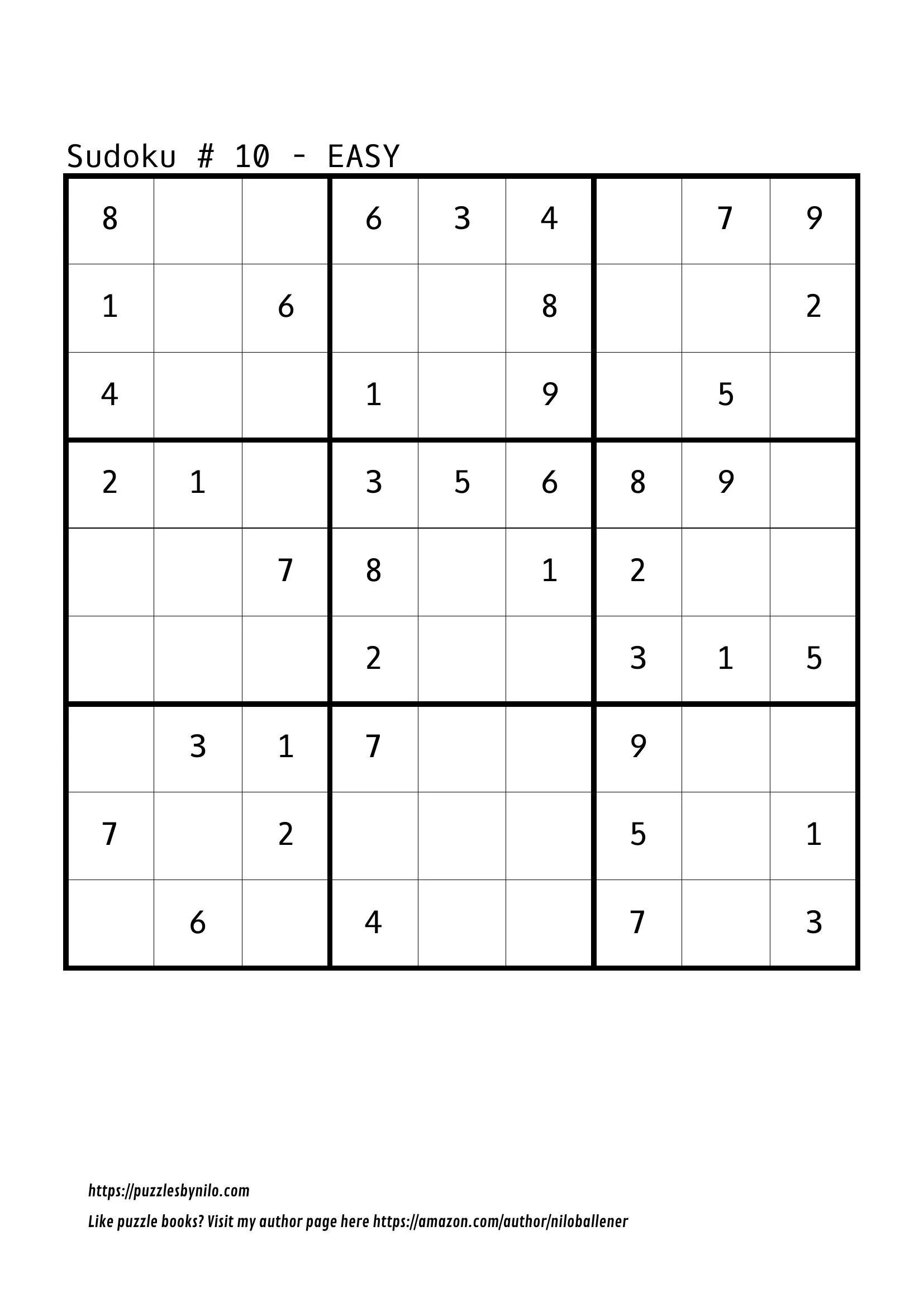 Free Downloadable Sudoku Puzzle Easy 10 Puzzles By Nilo