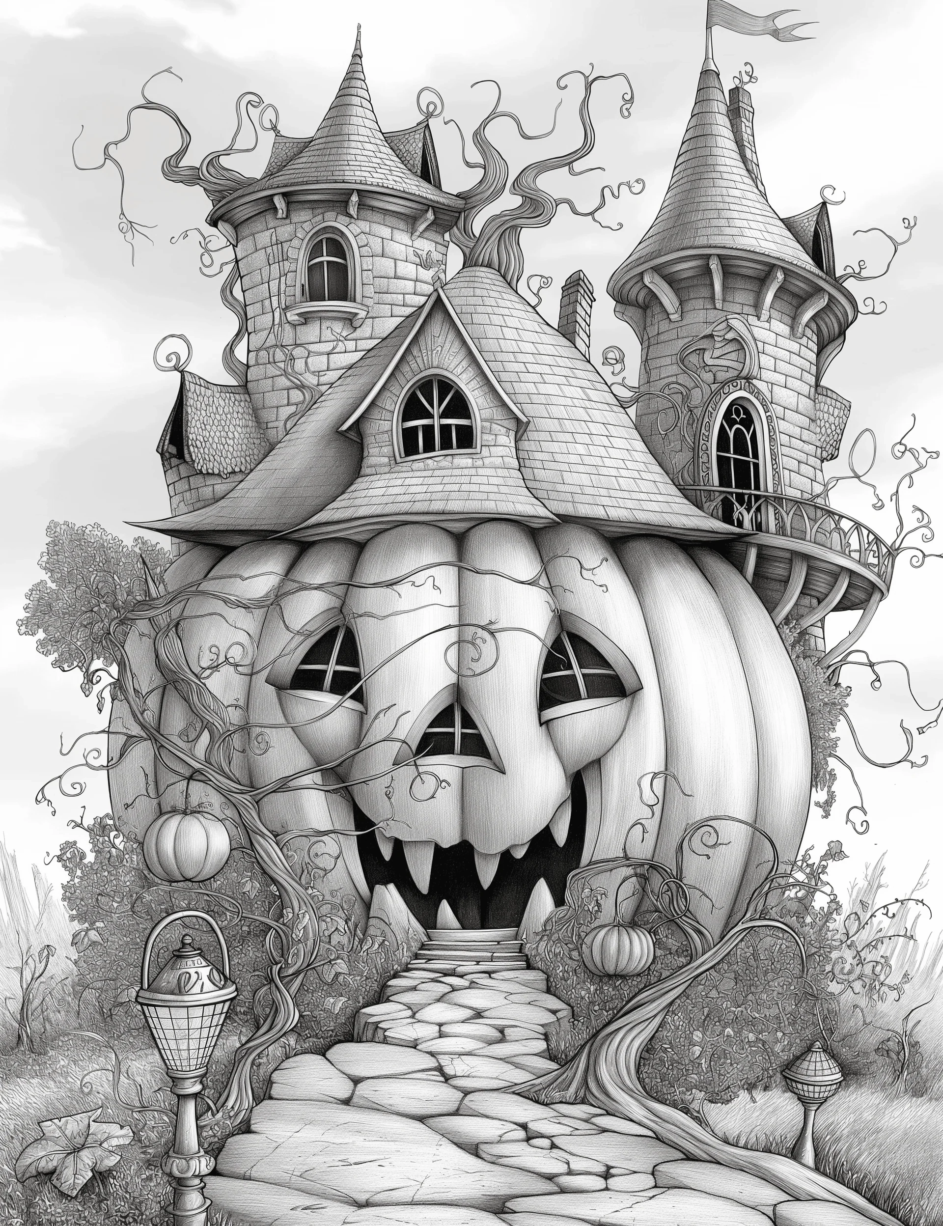 Free Giant Pumpkin Castle Grayscale Adult Coloring Pages Printable PD RASPIEE