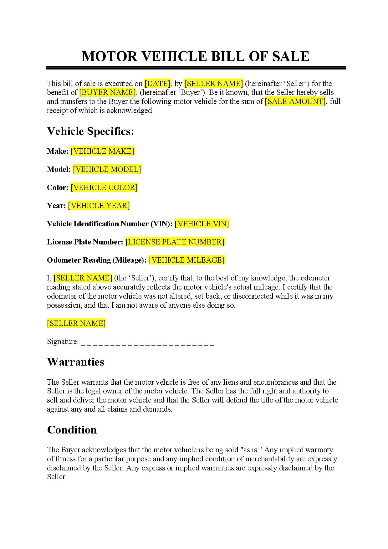 Free Motor Vehicle Bill Of Sale Template PDF Word